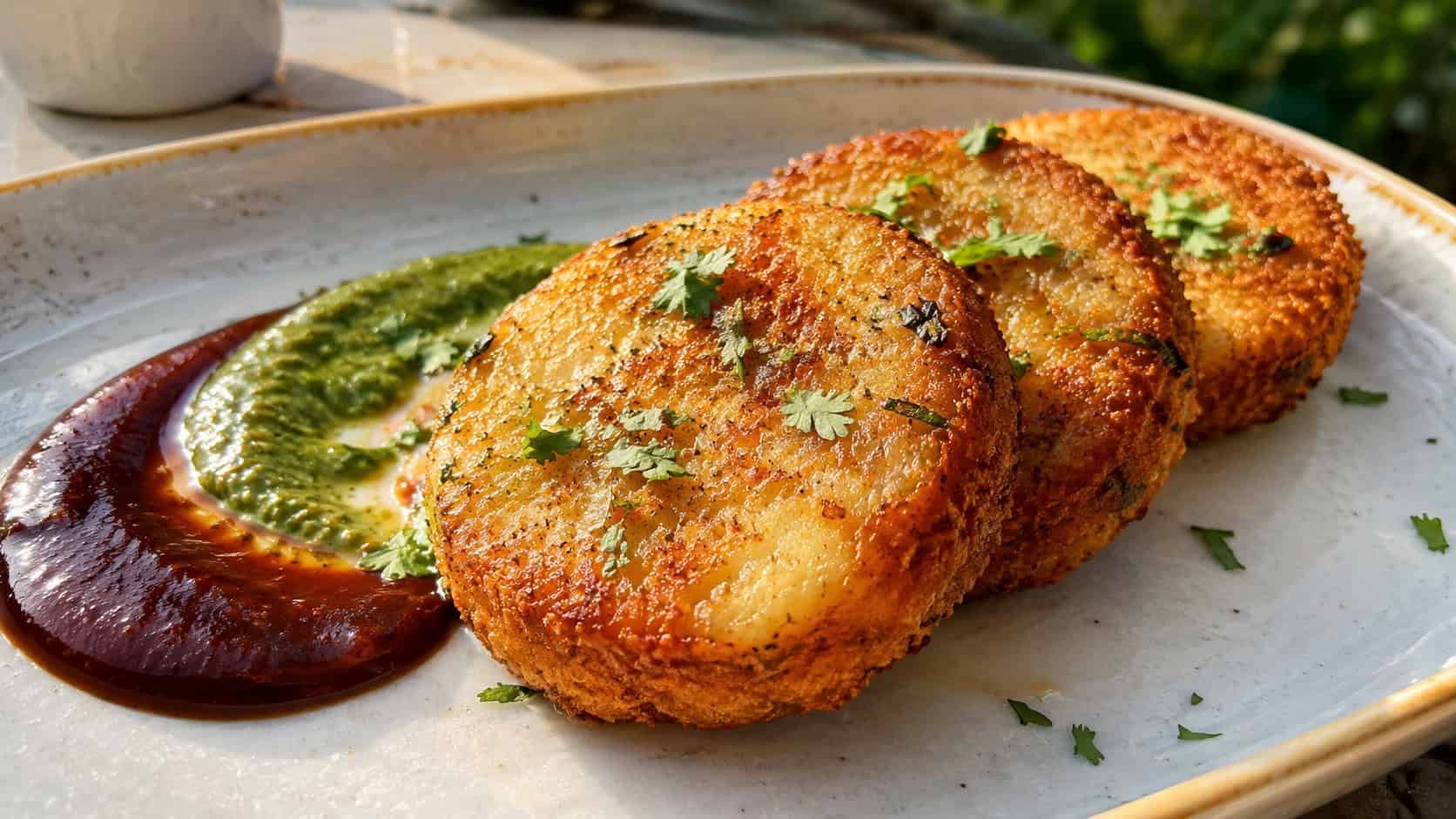 golden crispy aloo tikki potato patties in a wide horizontal shot, served on a plate with swirls of tamarind and mint chutney and a sprinkle of cilantro, warm natural light, shallow depth of field, landscape orientation