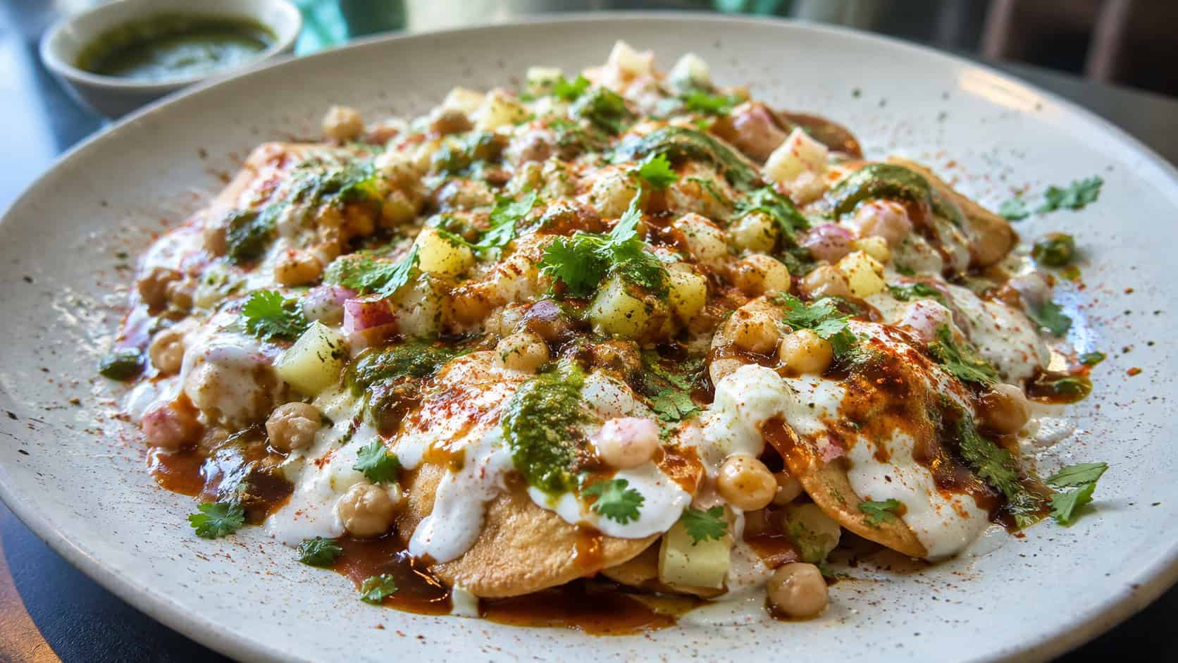 papdi chaat with crackers, potato, chickpeas, yogurt drizzle, and chutney swirls in a wide horizontal shot, served on a wide plate sprinkled with spice, bright natural light, shallow depth of field, landscape orientation