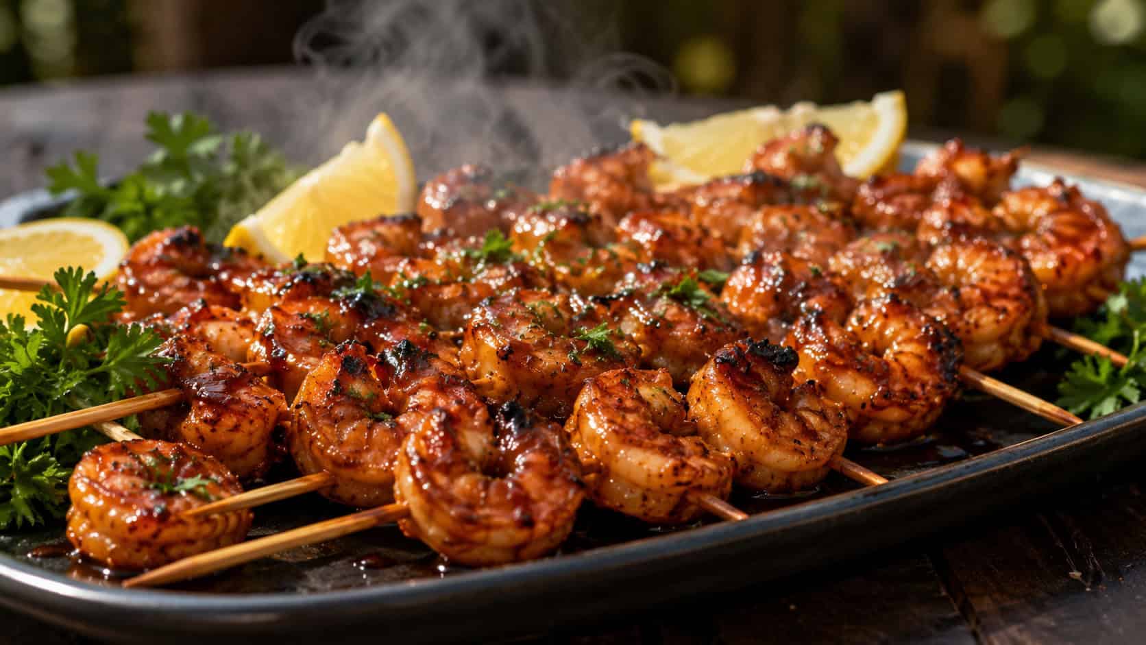 a wide platter of smoked shrimp skewers glazed and glistening with a bourbon BBQ sauce, garnished with parsley and lemon, faint smoke, on a dark board, warm natural light, shallow depth of field, landscape orientation