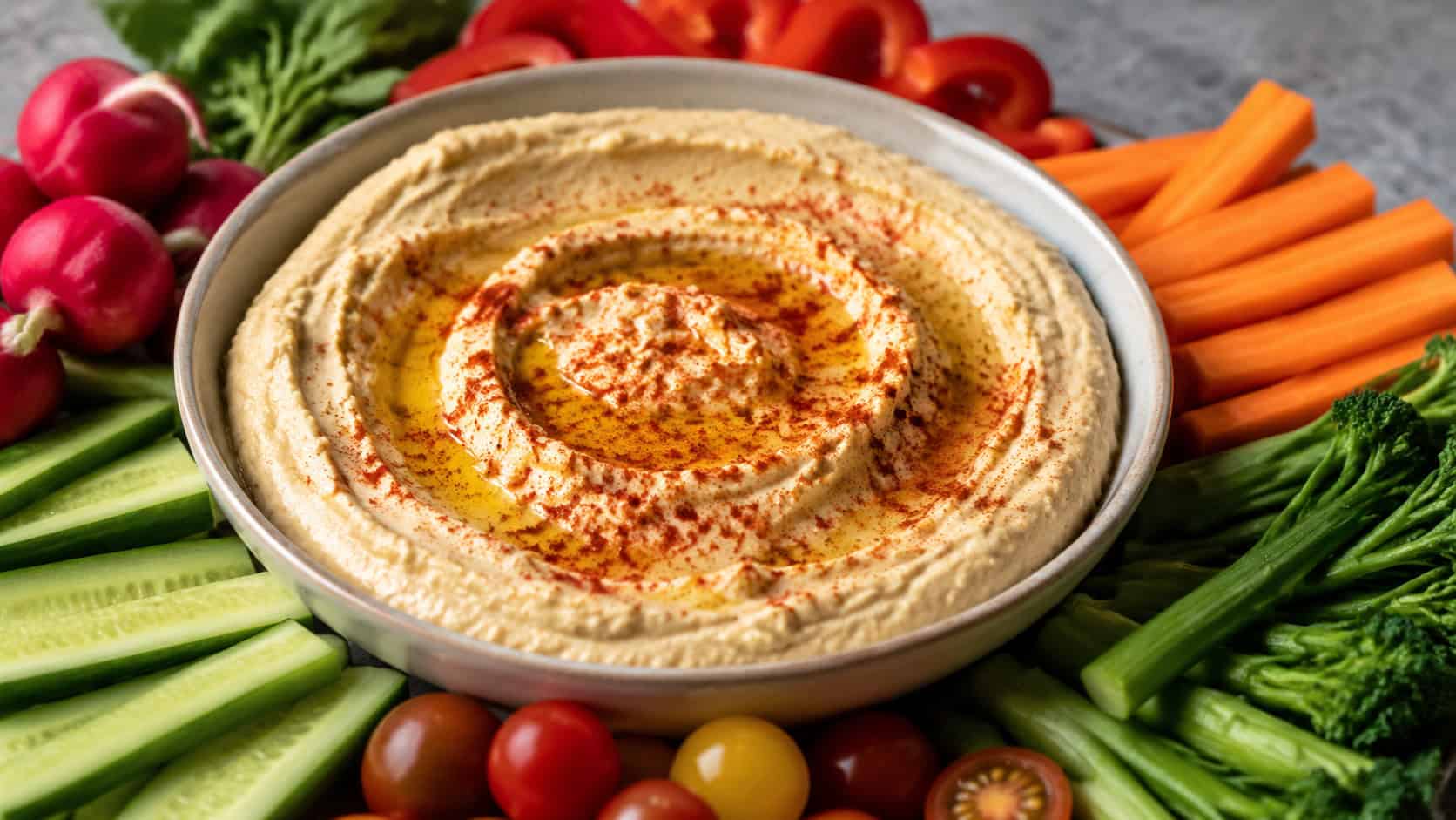 a wide bowl of creamy hummus swirled and dusted with deep red smoked paprika, drizzled with olive oil, surrounded by fresh vegetables, on a stone surface, natural light, shallow depth of field, landscape orientation