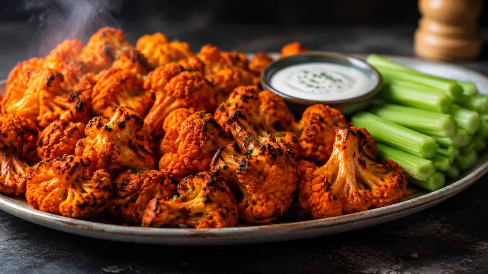 a wide platter of smoky orange buffalo cauliflower bites with charred edges, a small bowl of ranch and celery sticks, faint smoke, on a dark surface, natural light, shallow depth of field, landscape orientation