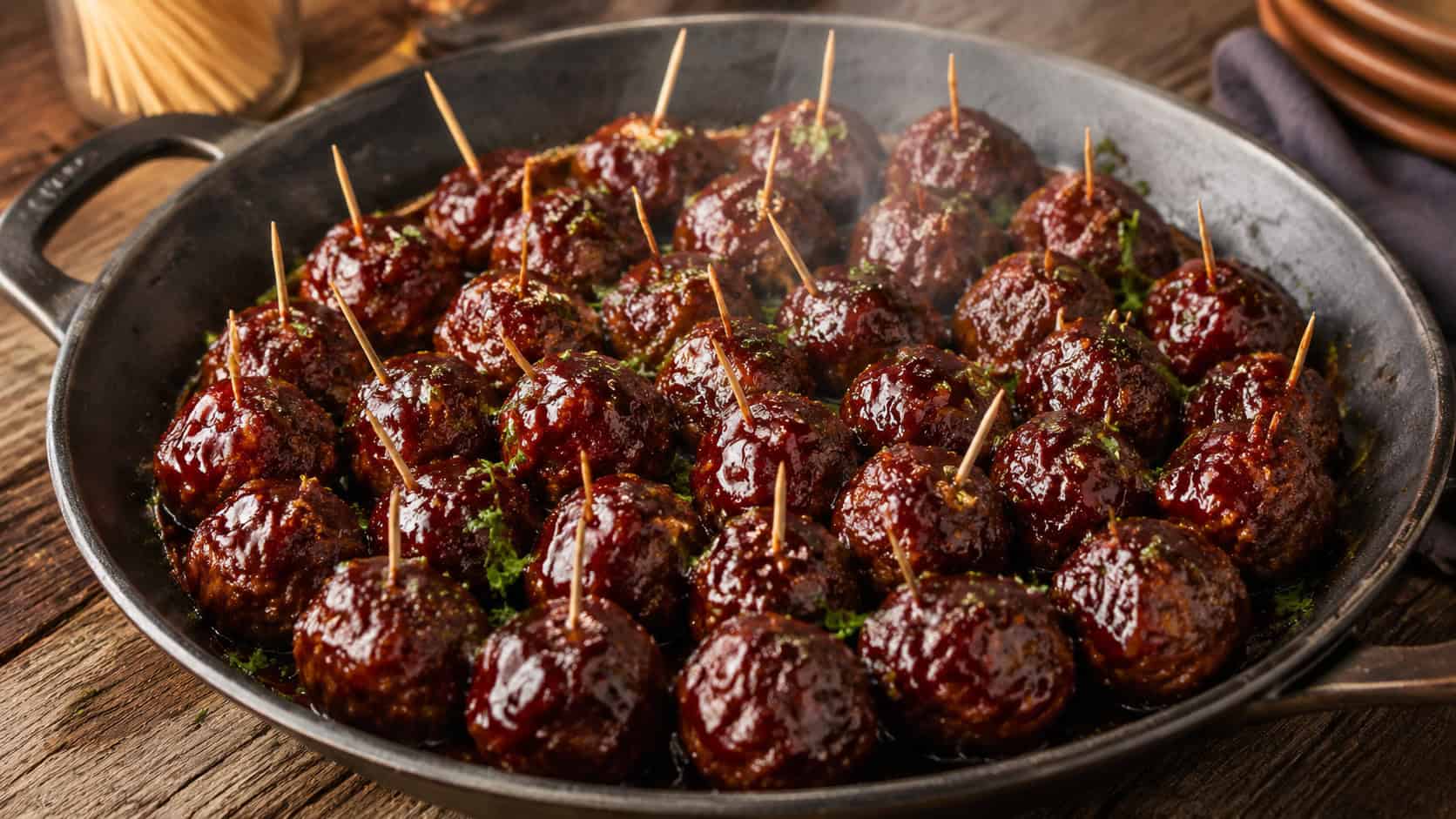 a wide pan of glossy smoked meatballs coated in sticky dark BBQ sauce, garnished with parsley, toothpicks tucked in, faint smoke, on a rustic table, warm natural light, shallow depth of field, landscape orientation