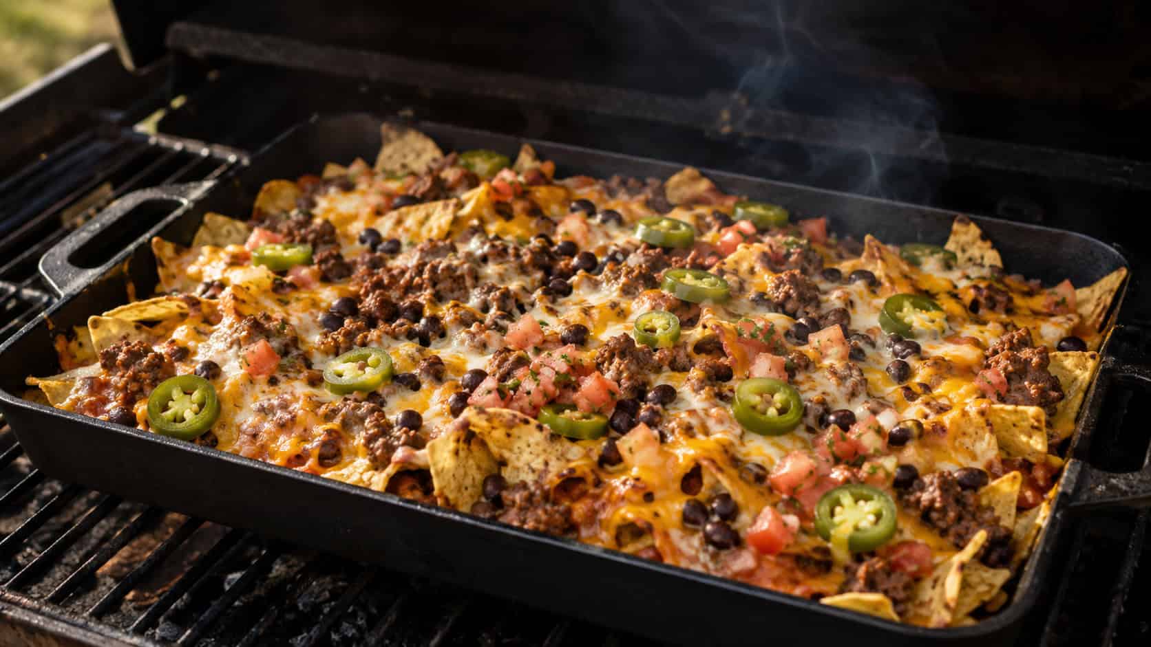a wide cast iron tray of loaded smoked nachos with melted cheese, ground beef, black beans, and jalapeños, faint smoke rising, on a dark grill grate, warm natural light, shallow depth of field, landscape orientation