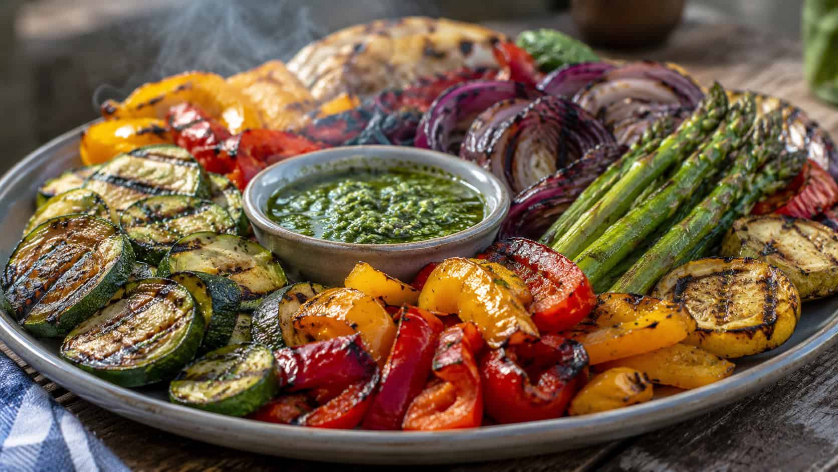 a wide platter of colorful smoked grilled vegetables including zucchini, bell peppers, red onion, and asparagus with charred edges, a small bowl of green herb dip, faint smoke, on a rustic table, natural light, shallow depth of field, landscape orientation