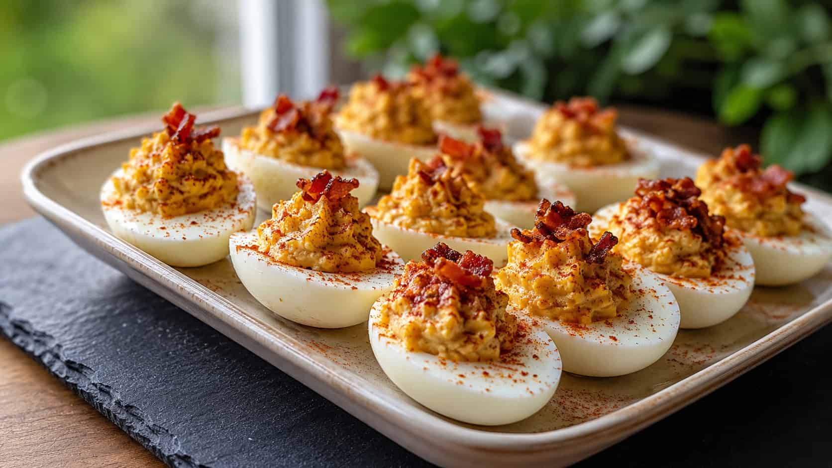 a wide platter of deviled eggs with a golden smoky filling, topped with bacon bits and a dusting of paprika, on a slate board, natural light, shallow depth of field, landscape orientation