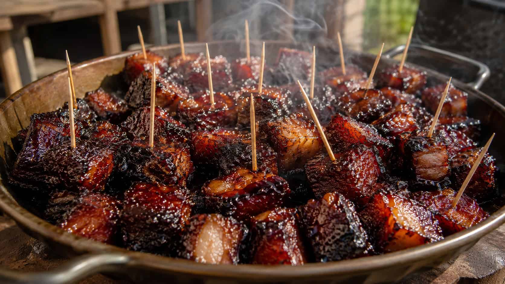 a wide pan of glossy caramelized smoked pork belly burnt ends with a sticky dark glaze, toothpicks tucked in, faint smoke, on a rustic surface, warm natural light, shallow depth of field, landscape orientation