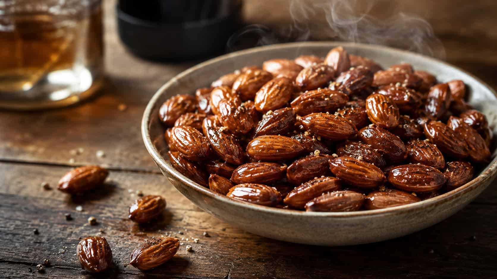 a wide bowl of glossy smoked almonds flecked with cracked black pepper, a few scattered on the table, faint smoke, on a rustic wooden surface, warm natural light, shallow depth of field, landscape orientation