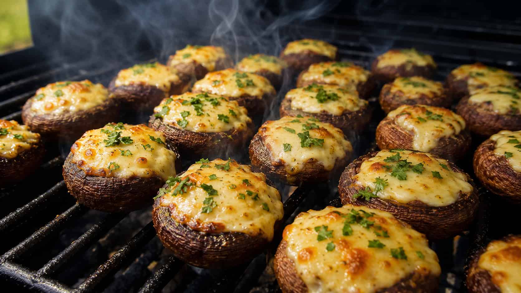 a wide tray of smoked stuffed mushrooms with golden melted gouda filling, sprinkled with parsley, faint smoke, on a dark grill grate, warm natural light, shallow depth of field, landscape orientation