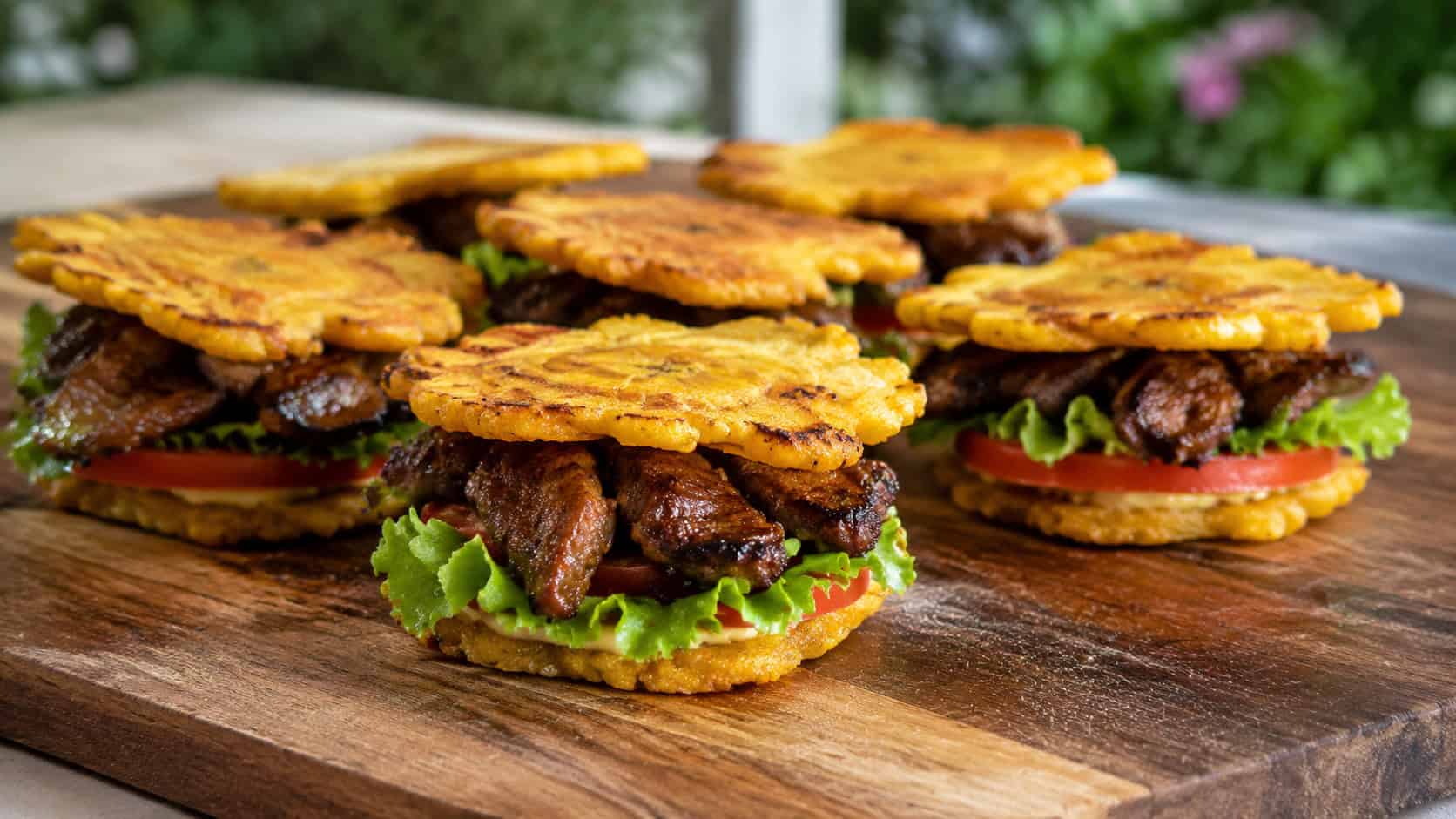 several mini sandwiches made with crispy flattened plantains holding seasoned steak, lettuce, and tomato, arranged on a wide wooden board, natural light, shallow depth of field, landscape orientation