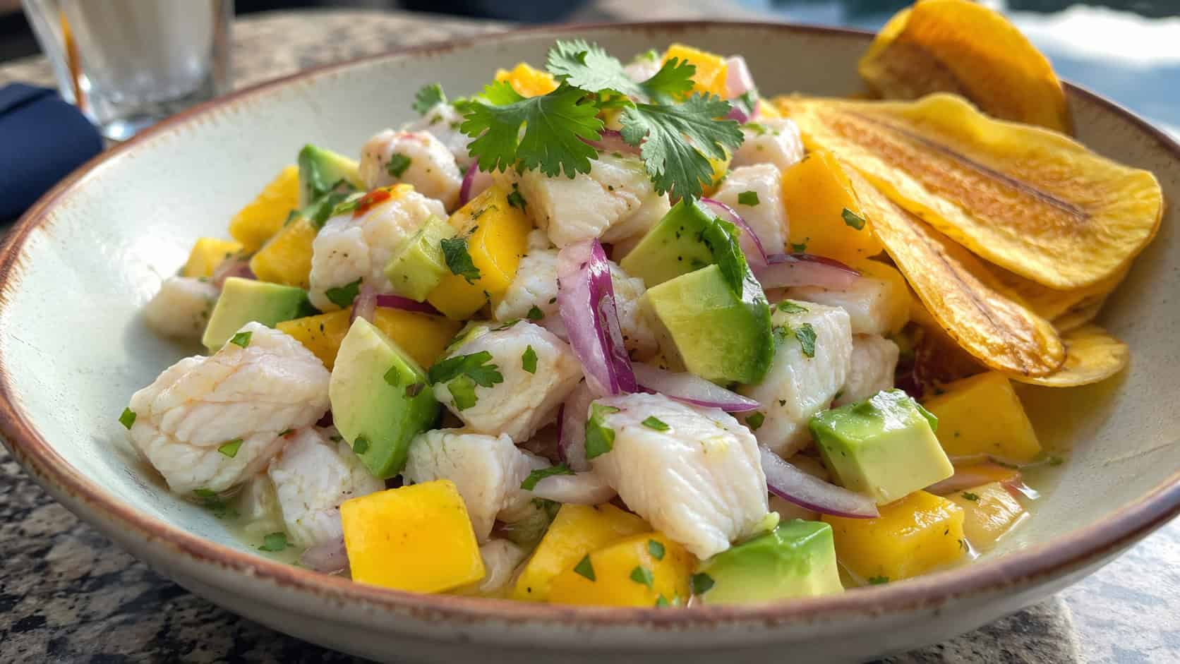 a wide shallow bowl of colorful ceviche with white fish, golden mango, green avocado, and red onion, garnished with cilantro, plantain chips on the side, bright natural light, shallow depth of field, landscape orientation