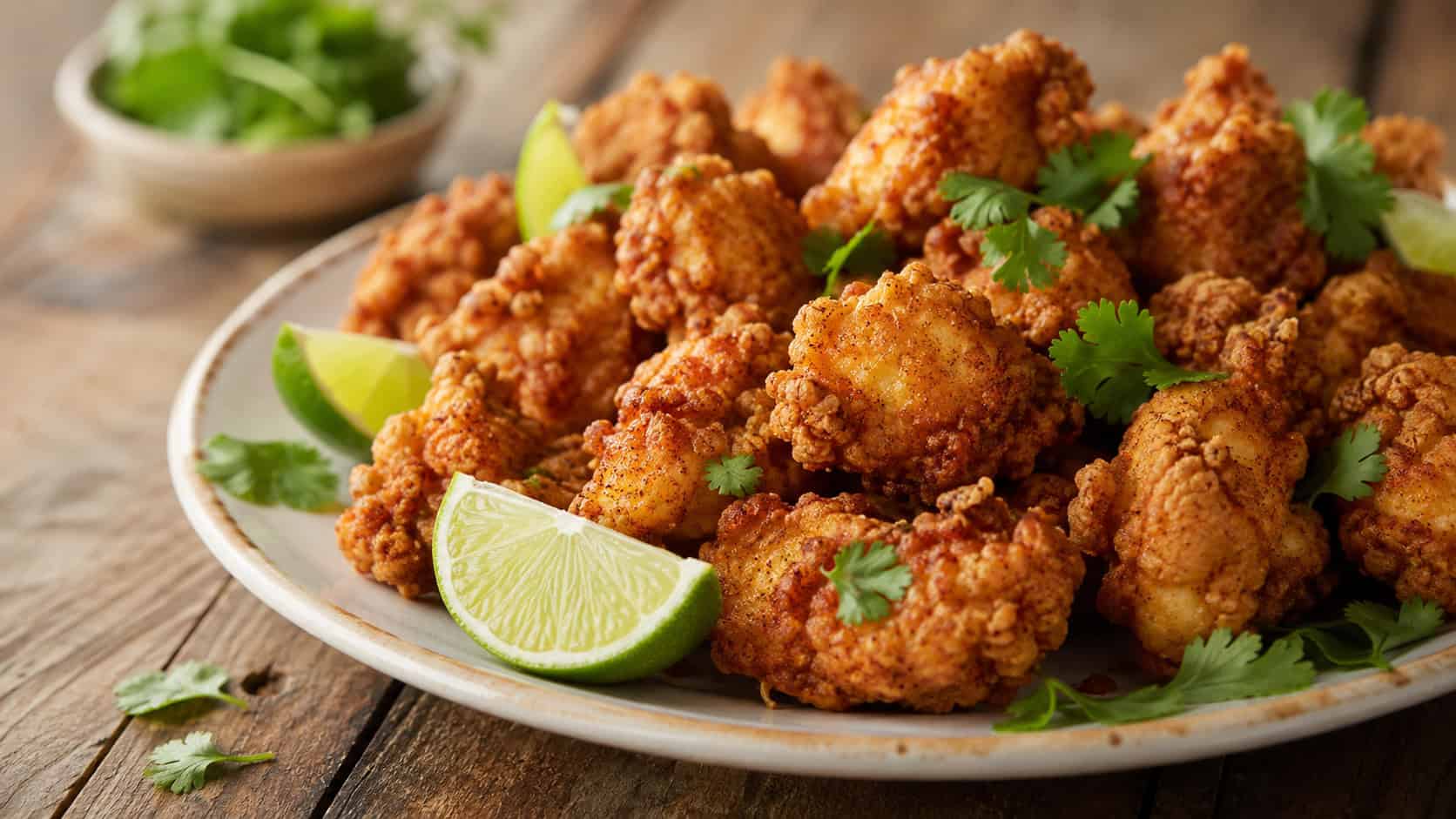 a wide platter piled with crispy golden fried chicken bites, lime wedges and cilantro scattered around, on a rustic wooden surface, warm natural light, shallow depth of field, landscape orientation