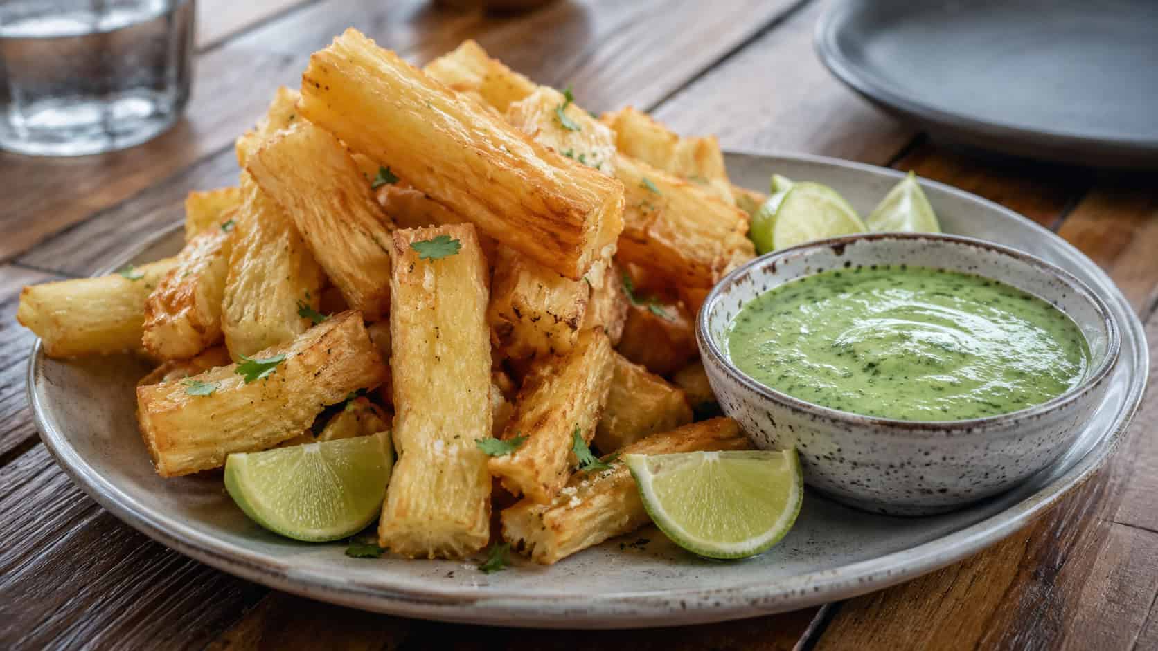 a wide plate of golden crispy yuca fries piled high with a small bowl of green cilantro aioli beside them, lime wedges scattered around, on a rustic wooden table, natural light, shallow depth of field, landscape orientation