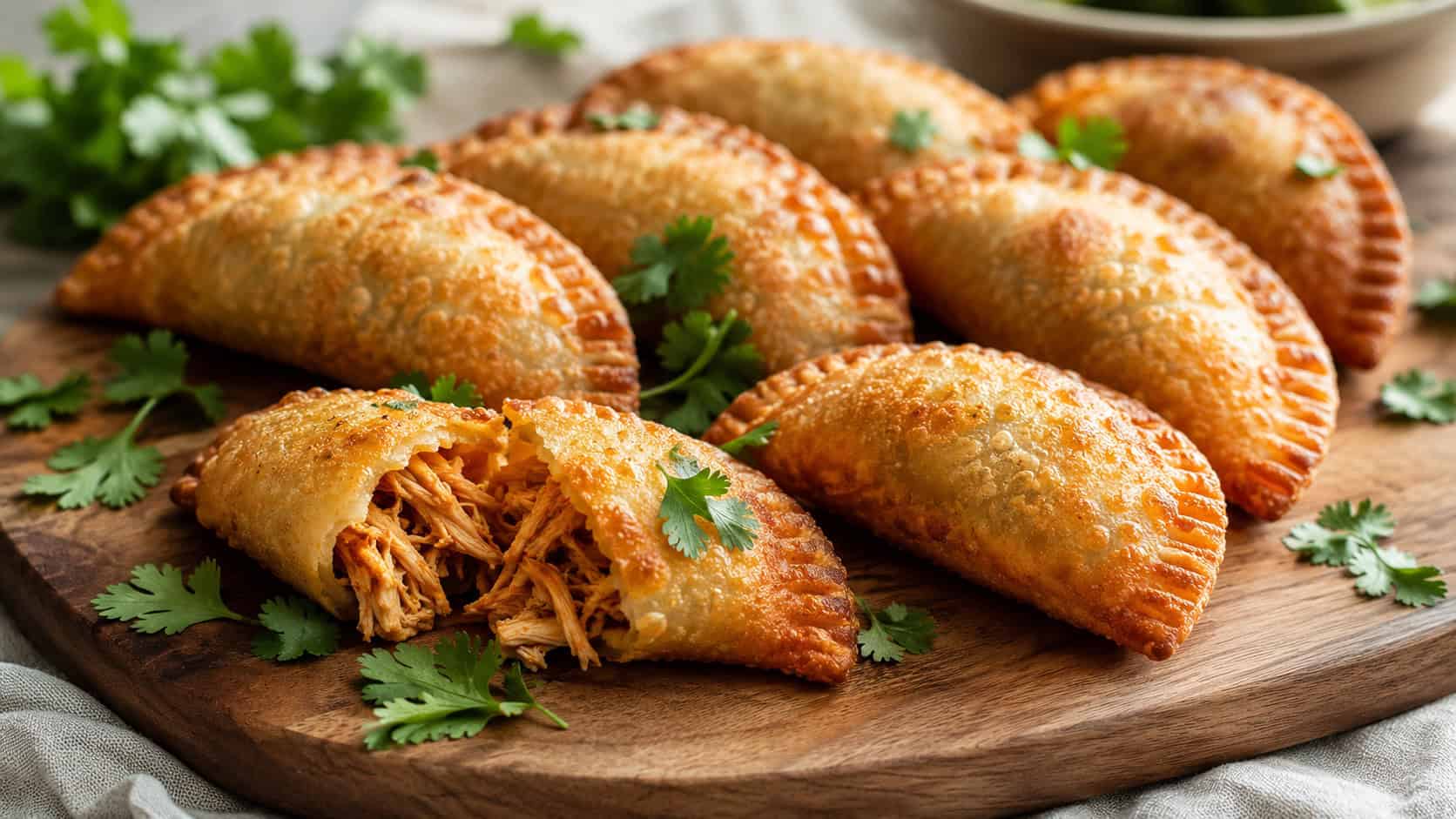 a wide wooden board of golden fried chicken empanadillas with crimped edges, one broken open to show shredded chicken filling, fresh cilantro scattered around, on a linen napkin, natural light, shallow depth of field, landscape orientation