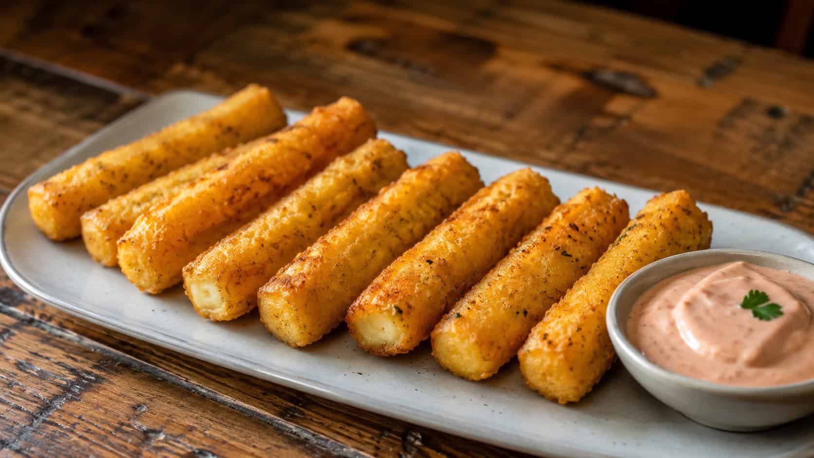 a wide platter of golden fried cornmeal cheese sticks arranged in a row, a small bowl of pink dipping sauce nearby, on a rustic wooden table, warm natural light, shallow depth of field, landscape orientation