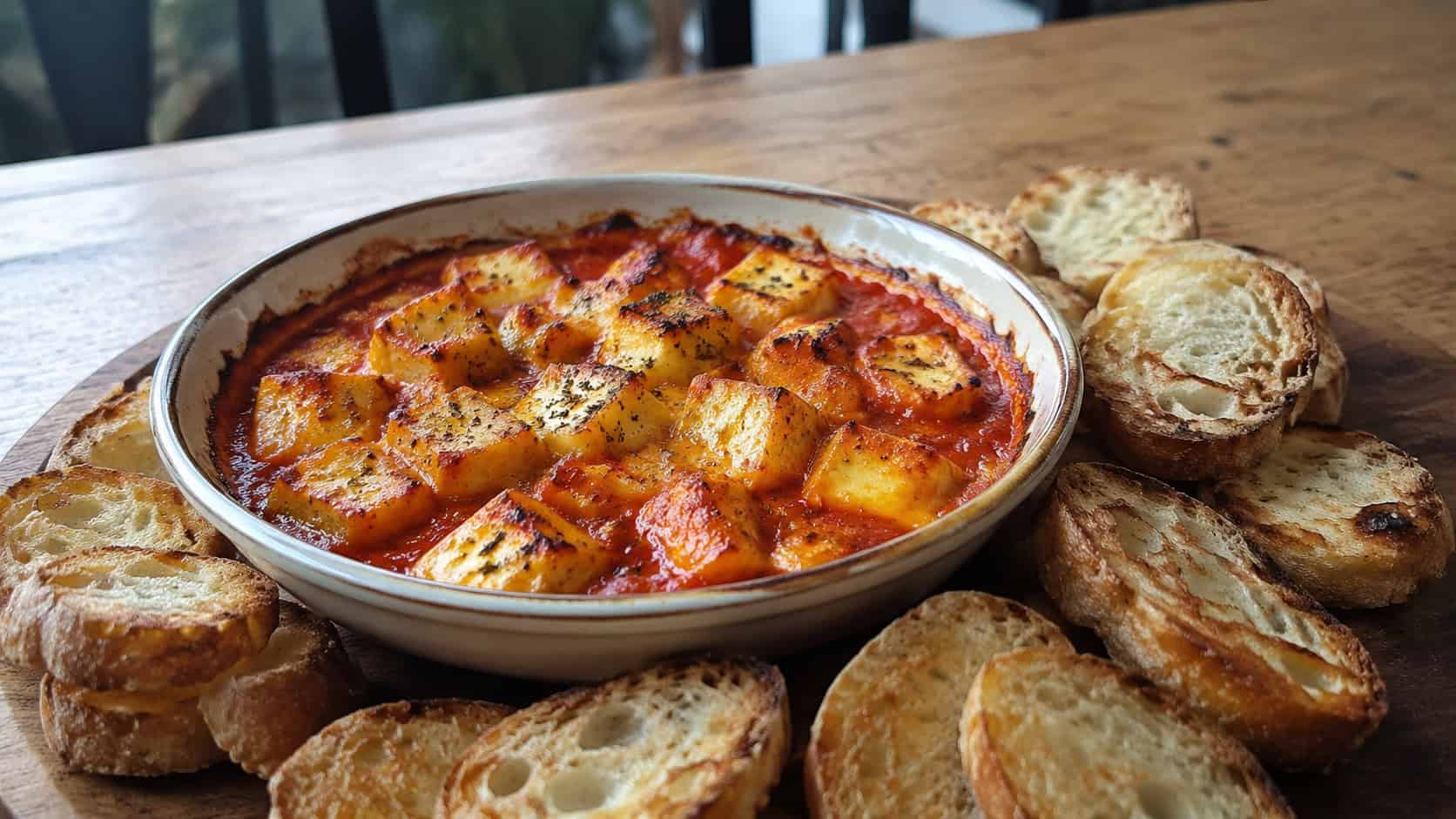 a wide shallow dish of baked Edam cheese cubes in a rich red tomato sauce, with toasted baguette slices arranged around it, on a wooden table, natural light, shallow depth of field, landscape orientation