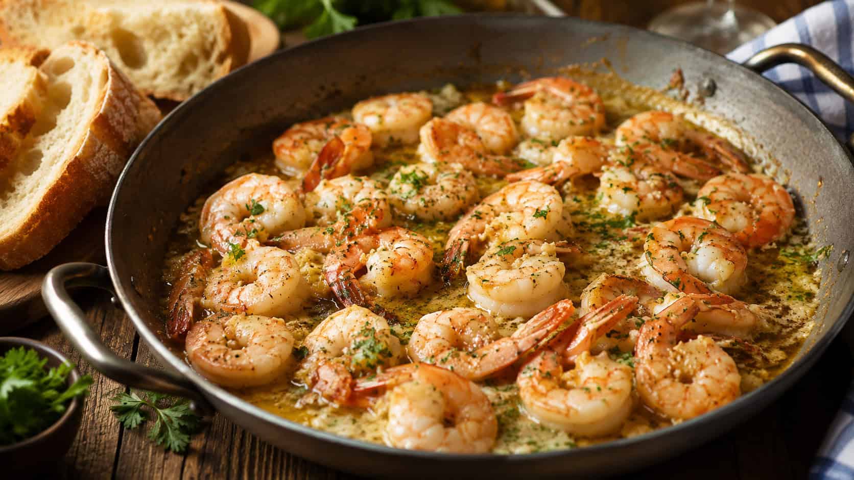 a wide skillet of pink shrimp in a glossy garlic butter sauce, sprinkled with fresh parsley, crusty bread on the side, on a rustic table, warm natural light, shallow depth of field, landscape orientation