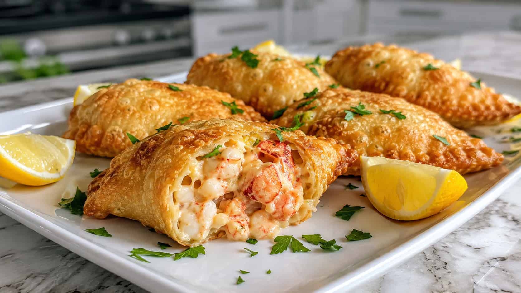 golden fried lobster pastry turnovers on a wide white platter, one cut open to show creamy lobster filling, lemon wedges and parsley scattered around, natural light, shallow depth of field, landscape orientation