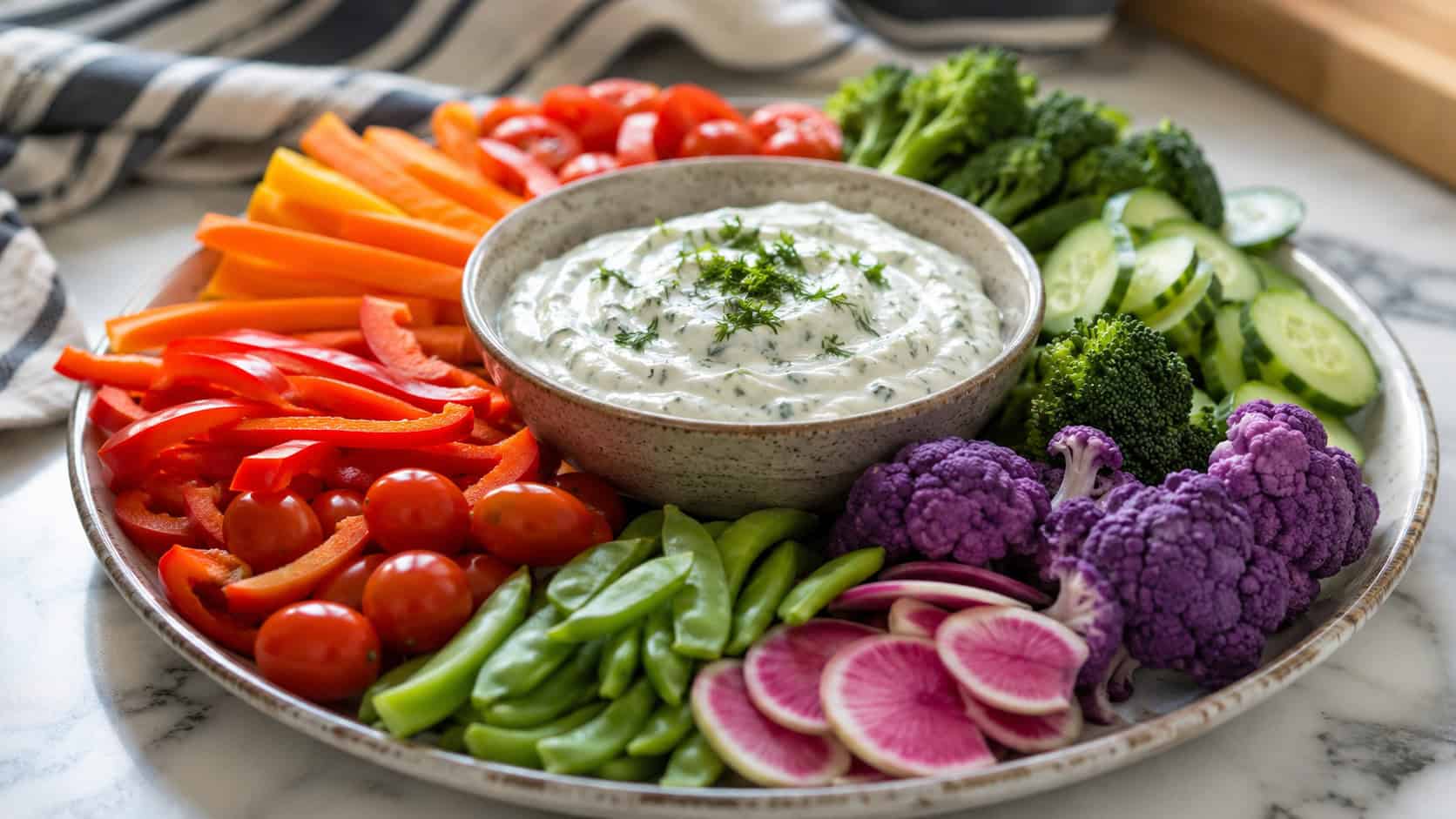 a rainbow arrangement of fresh vegetables around a bowl of creamy herb dip on a large round platter, in a wide horizontal shot, natural light, shallow depth of field, landscape orientation