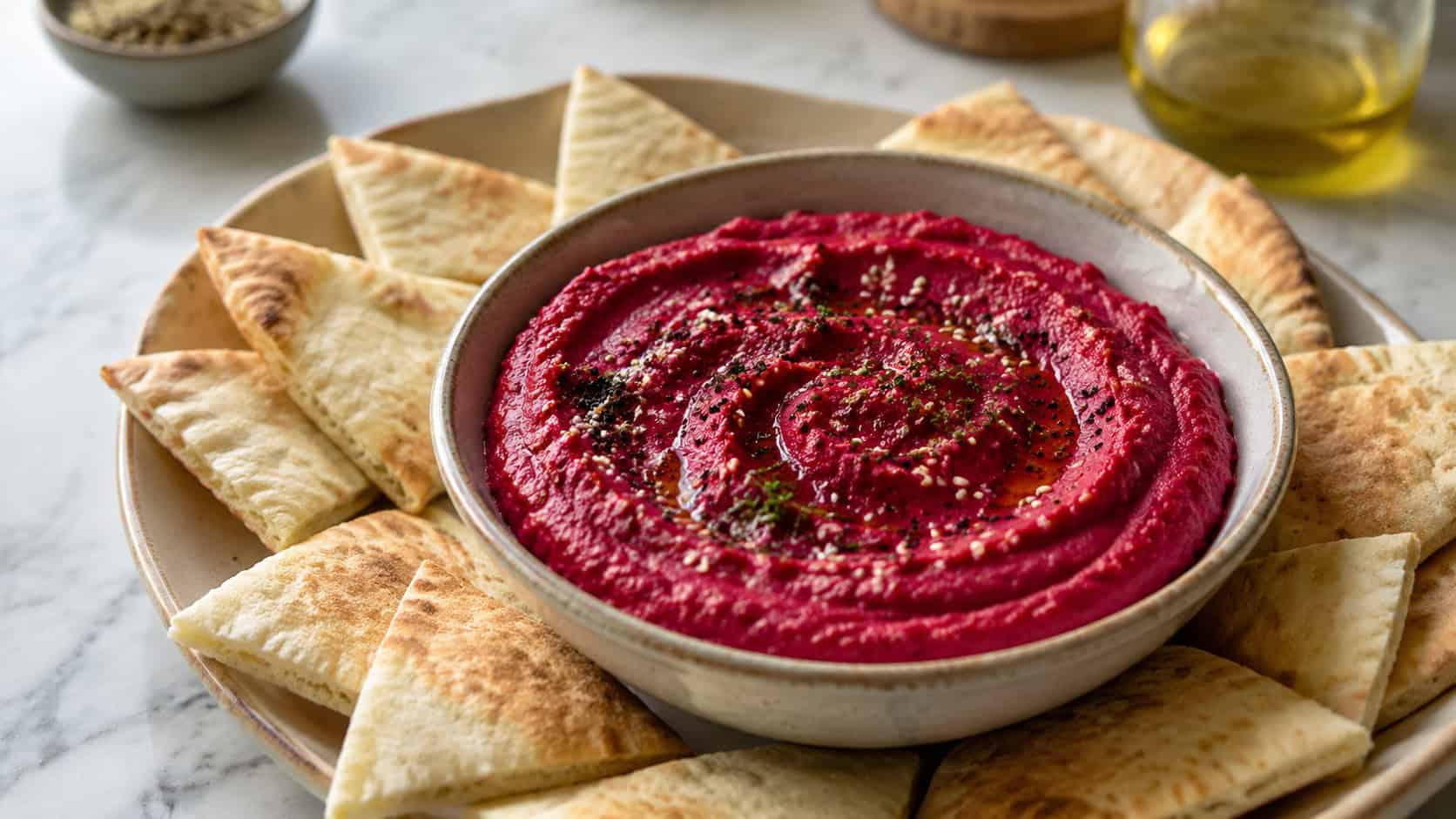 a bowl of vivid magenta roasted beet hummus drizzled with olive oil and seeds, surrounded by pita wedges, in a wide horizontal shot on a marble surface, natural light, shallow depth of field, landscape orientation