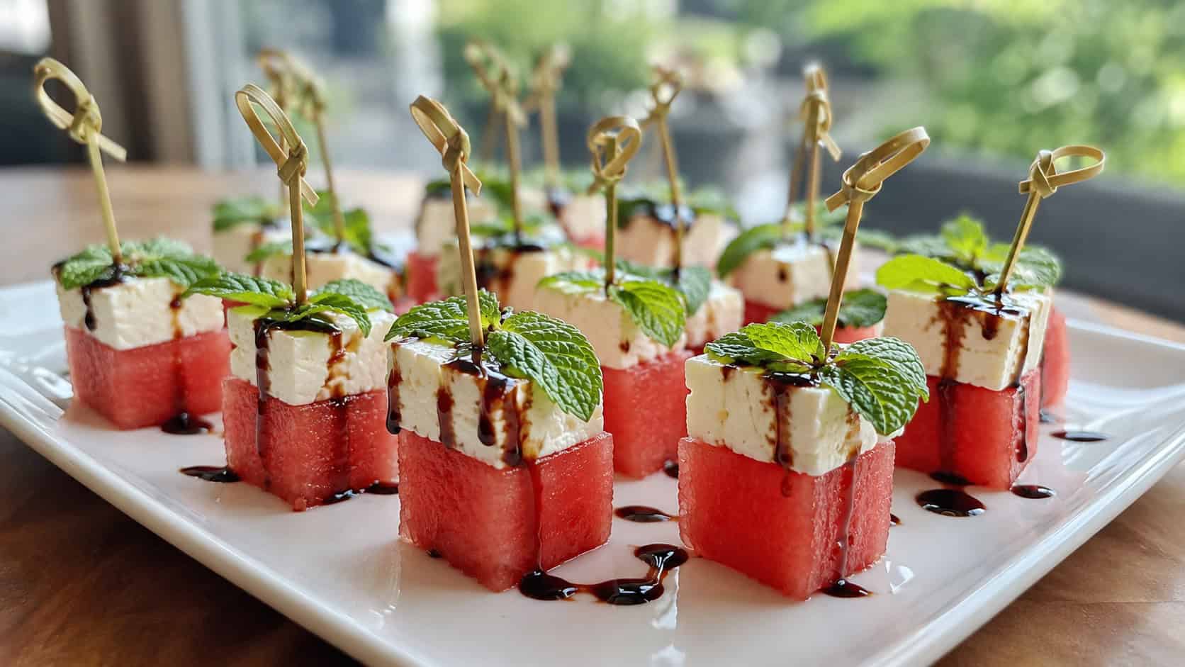 watermelon and feta stacks with mint leaves and balsamic drizzle on small skewers arranged on a white platter, in a wide horizontal shot, natural light, shallow depth of field, landscape orientation