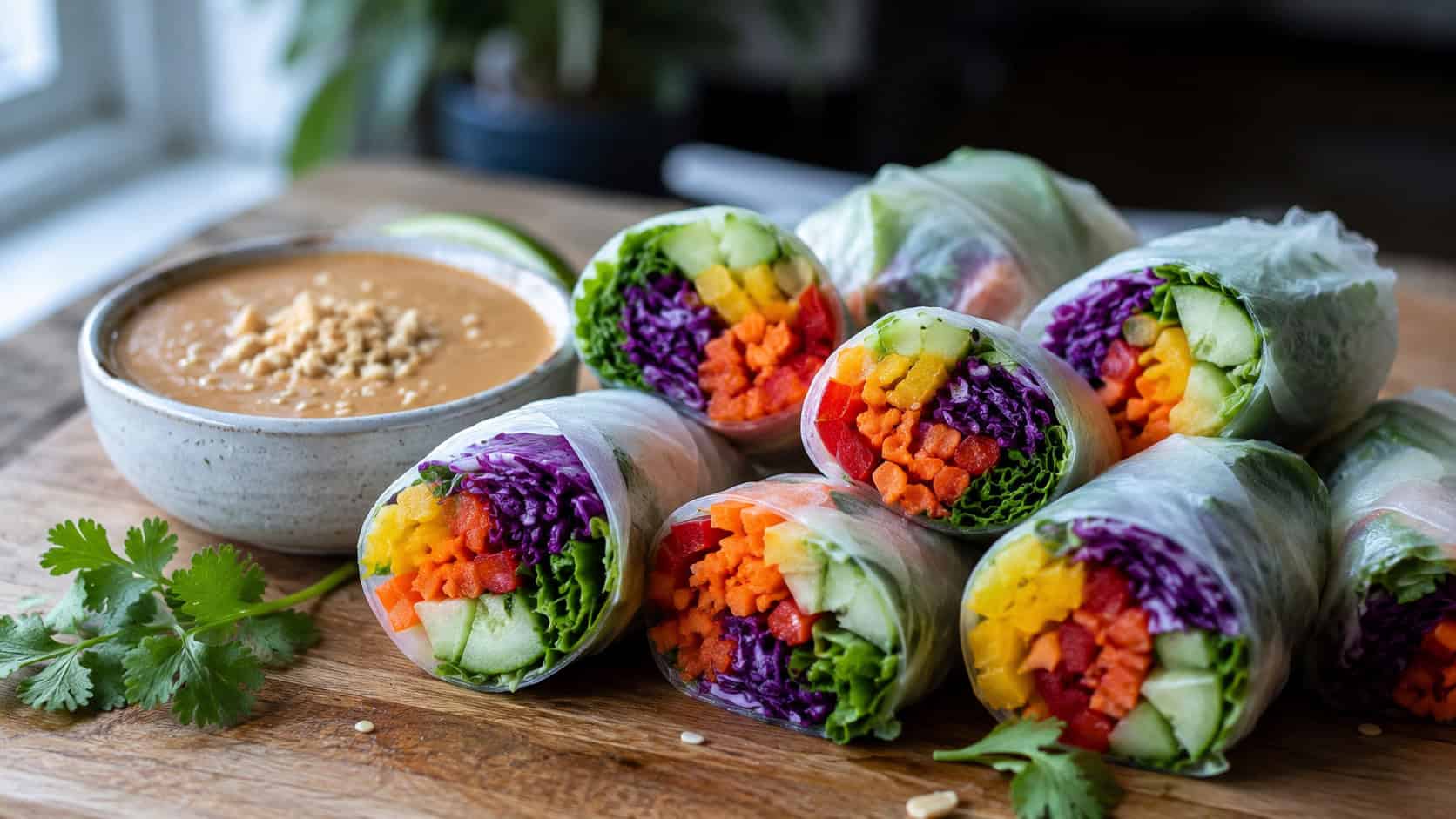 fresh vegetable spring rolls sliced to show rainbow veggies inside, arranged with a bowl of peanut dipping sauce, in a wide horizontal shot on a board, natural light, shallow depth of field, landscape orientation