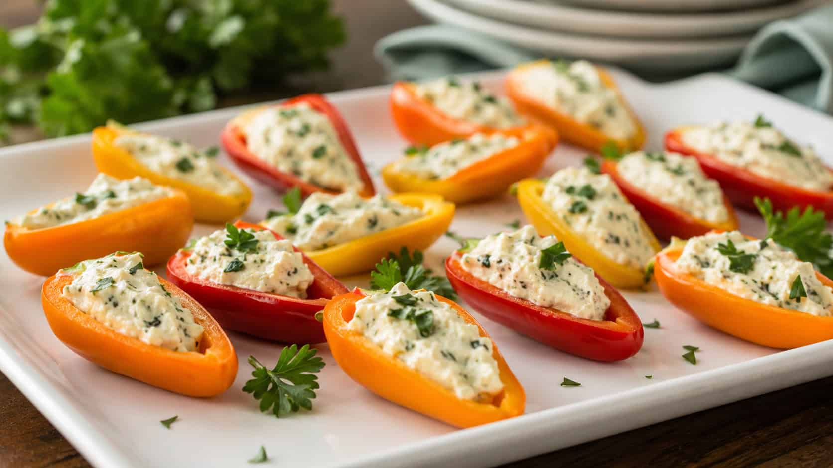 halved red, yellow, and orange mini peppers stuffed with creamy herbed filling on a white platter, in a wide horizontal shot, natural light, shallow depth of field, landscape orientation