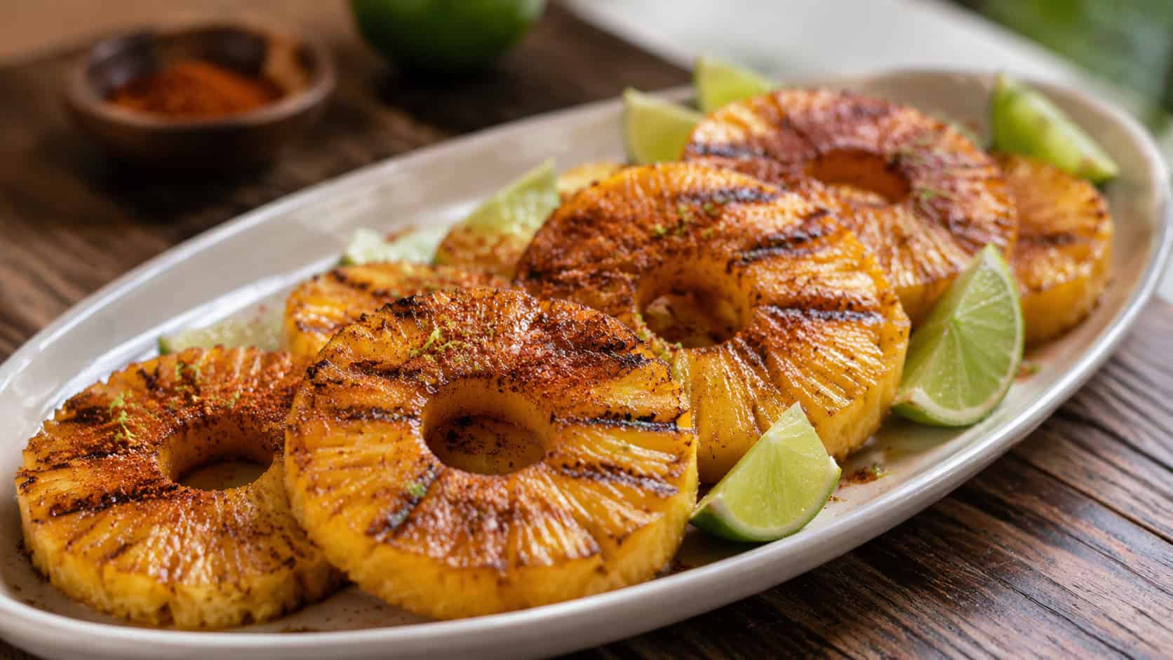 grilled pineapple rings with caramelized grill marks dusted with chili and lime on a platter, in a wide horizontal shot on a wooden table, natural light, shallow depth of field, landscape orientation