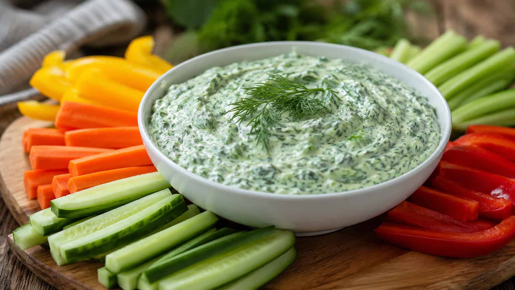 a bowl of creamy green Greek yogurt spinach dip garnished with dill, surrounded by colorful vegetable sticks, in a wide horizontal shot on a wooden board, natural light, shallow depth of field, landscape orientation