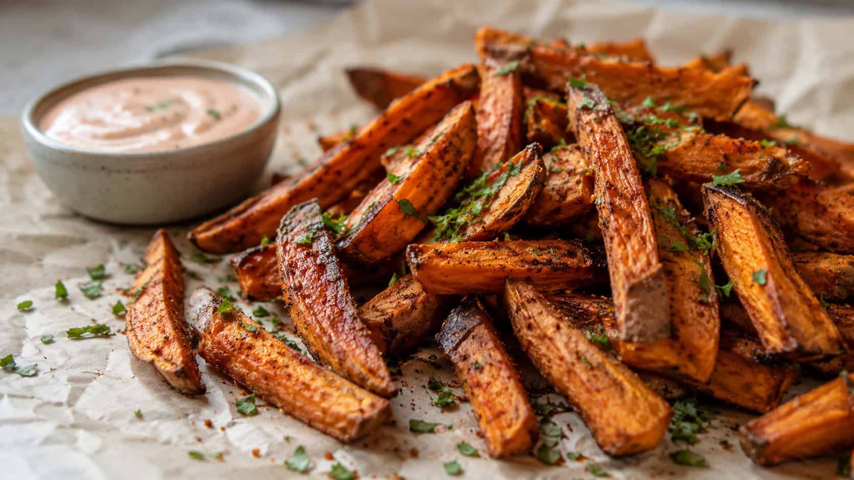 a pile of crispy baked sweet potato fries dusted with paprika and parsley with a dipping sauce on the side, in a wide horizontal shot on parchment, natural light, shallow depth of field, landscape orientation