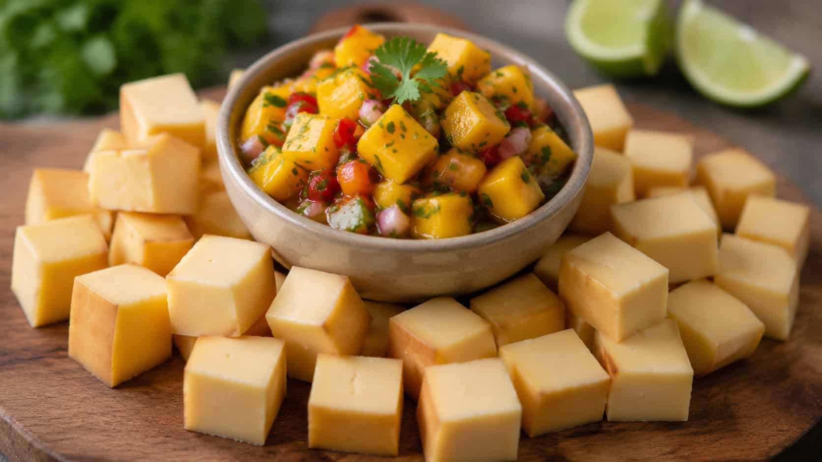 cubes of smoked gouda arranged wide in landscape orientation around a bowl of bright mango salsa on a wooden board, colorful diced mango and cilantro glistening, natural light, shallow depth of field, lime wedges blurred in the background