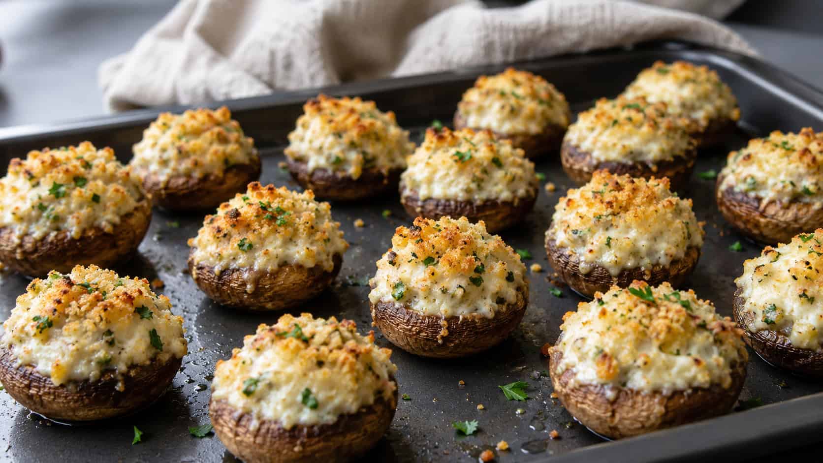 boursin-stuffed mushrooms arranged wide in landscape orientation on a dark baking tray, golden breadcrumb tops and creamy filling glistening, sprinkled with parsley, natural light, shallow depth of field, a linen napkin blurred behind