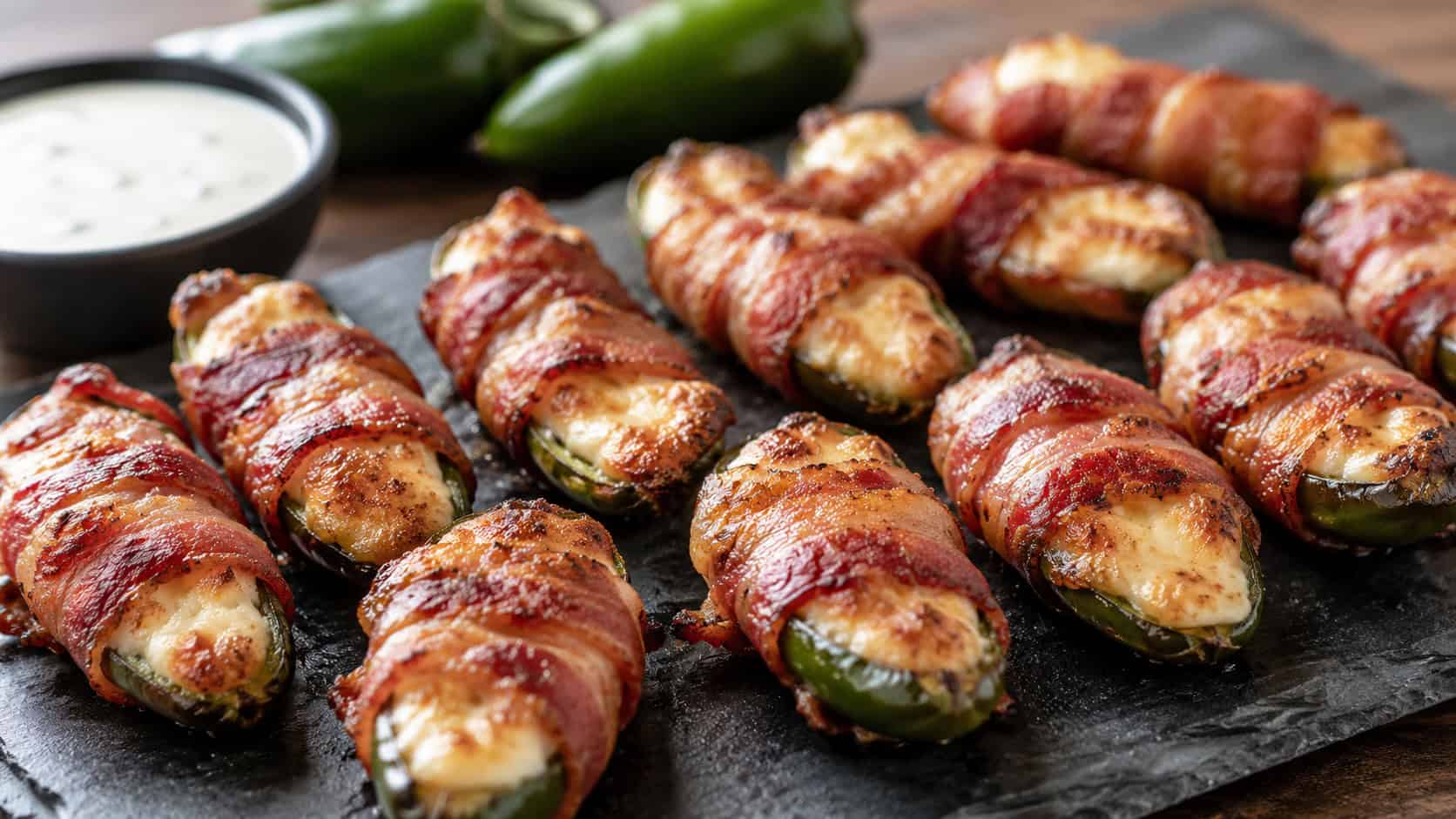 a platter of bacon-wrapped jalapeño poppers with crisp browned bacon and bubbling cheese, arranged wide in landscape orientation on a slate serving board, natural light, shallow depth of field, a small bowl of ranch and fresh jalapeños blurred in the background