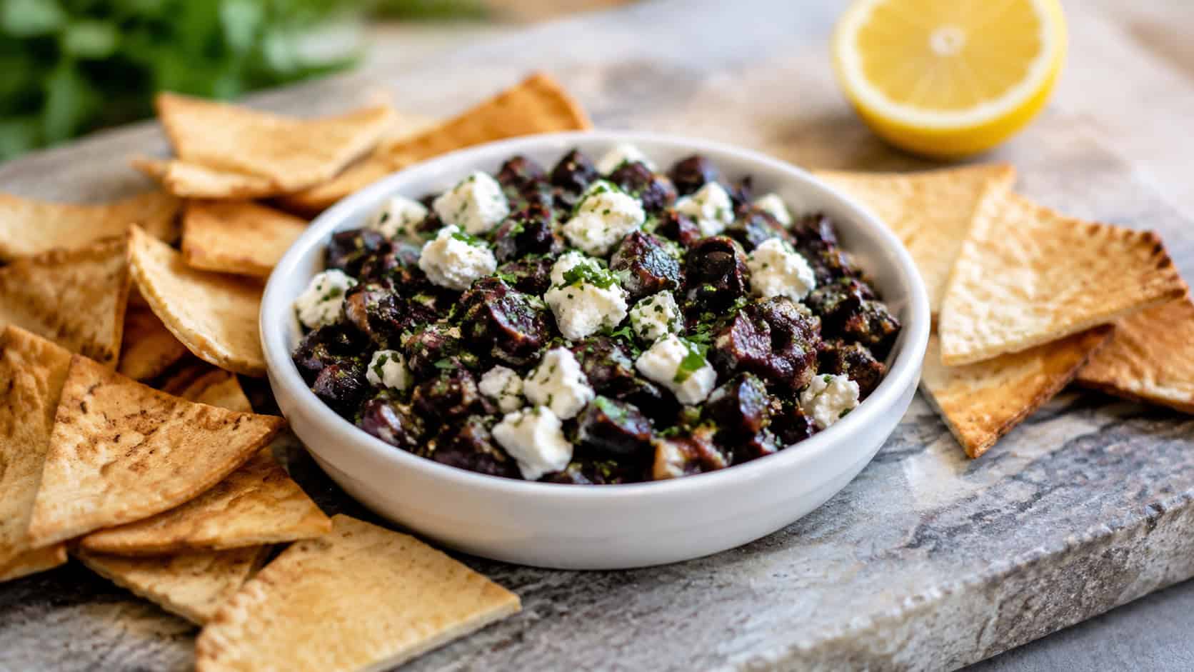 a bowl of feta and olive tapenade shot wide in landscape orientation on a stone board, chunky olives flecked with white feta and parsley, surrounded by pita chips, natural light, shallow depth of field, a lemon half blurred in the background