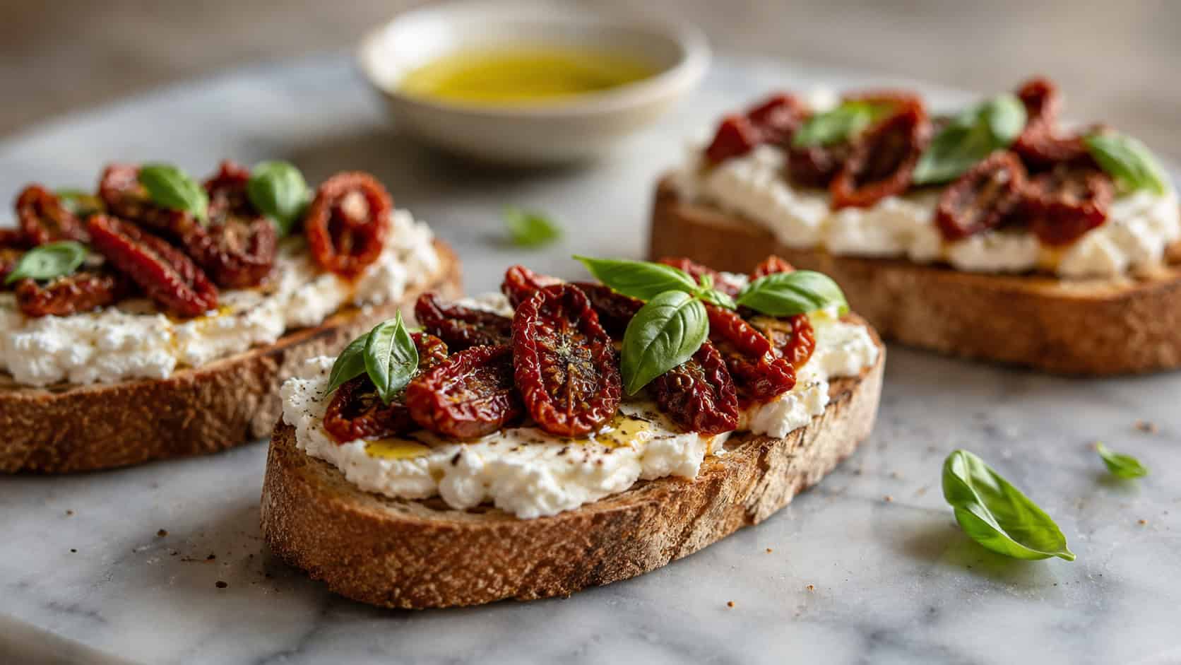 ricotta and sun-dried tomato toasts arranged wide in landscape orientation on a marble board, fluffy white ricotta topped with deep red tomatoes and basil, natural light, shallow depth of field, a small bowl of olive oil blurred behind