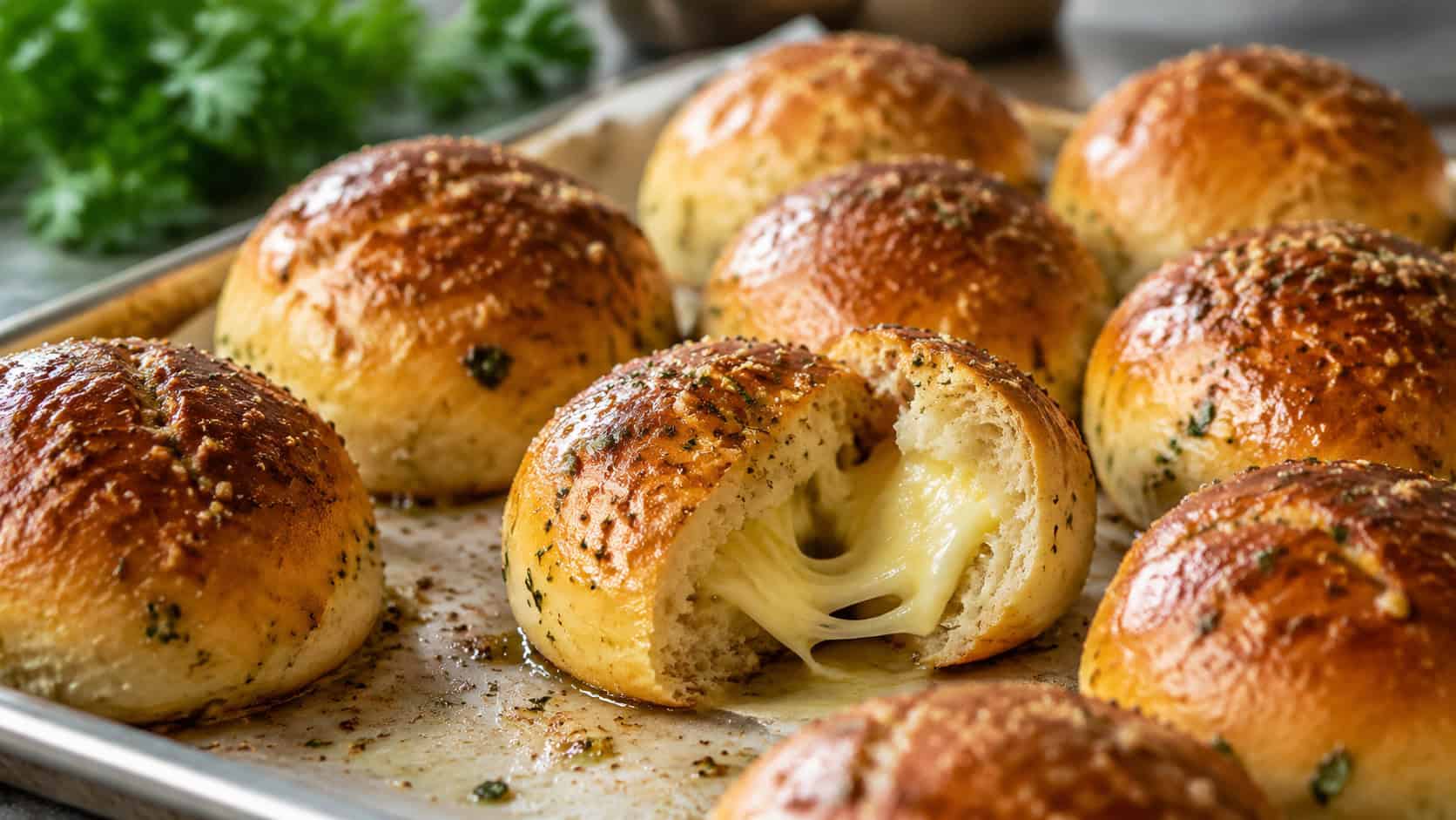 golden provolone-stuffed bread rolls arranged wide in landscape orientation on a baking sheet, glossy garlic-herb tops with one roll torn open showing melted cheese, natural light, shallow depth of field, a sprig of parsley blurred behind