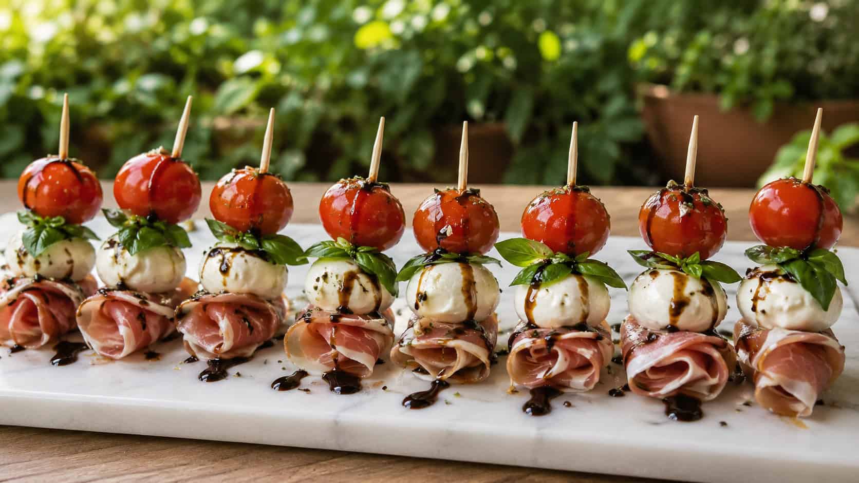 prosciutto and mozzarella skewers lined up wide in landscape orientation on a white marble board with balsamic glaze drizzled over, fresh basil and cherry tomatoes glistening, natural light, shallow depth of field, soft greenery blurred behind