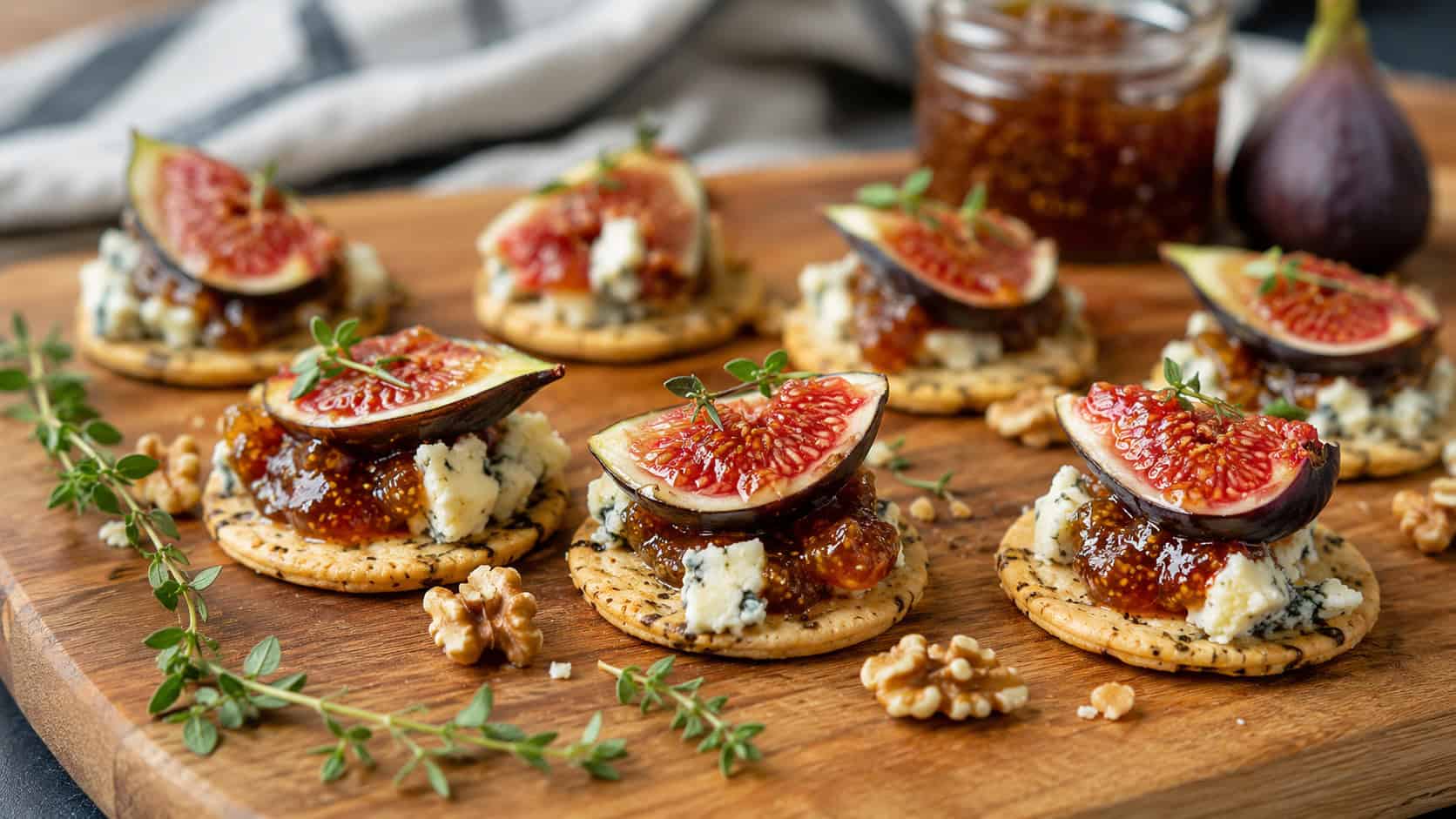 fig and blue cheese bites on crisp crackers arranged wide in landscape orientation on a wooden board, glossy fig jam and crumbled cheese with scattered walnuts and thyme, natural light, shallow depth of field, a small jar of fig jam blurred behind