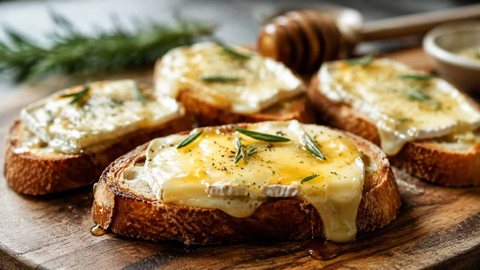 warm camembert and honey toasts arranged wide in landscape orientation on a rustic board, melty cheese glistening with honey and flecks of rosemary, natural light, shallow depth of field, a honey dipper and sprig of rosemary blurred behind