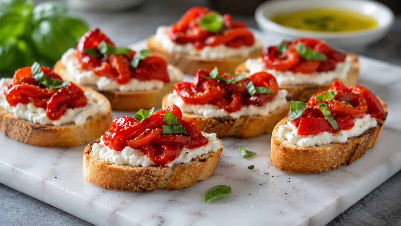 goat cheese and roasted red pepper bites on toasted crostini arranged wide in landscape orientation on a marble board, creamy white cheese topped with bright red peppers and basil, natural light, shallow depth of field, a small bowl of olive oil blurred behind