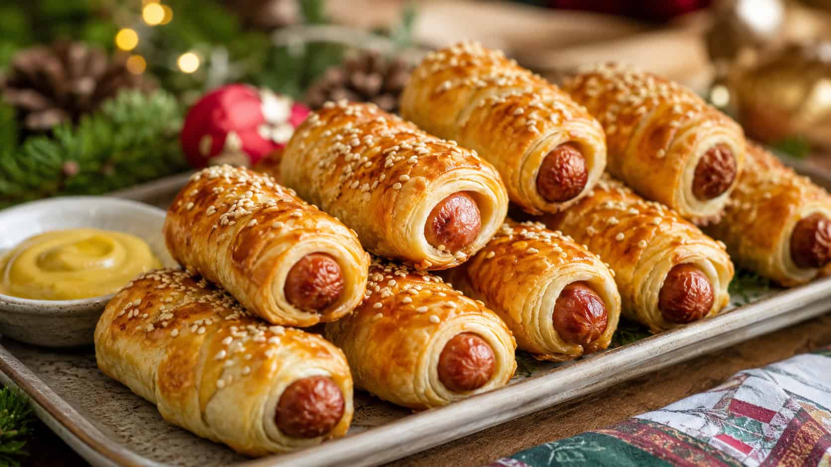 golden pigs in a blanket with flaky pastry and sesame seeds in a wide horizontal shot, piled on a tray with a small dish of mustard on a festive table, warm natural light, shallow depth of field, landscape orientation