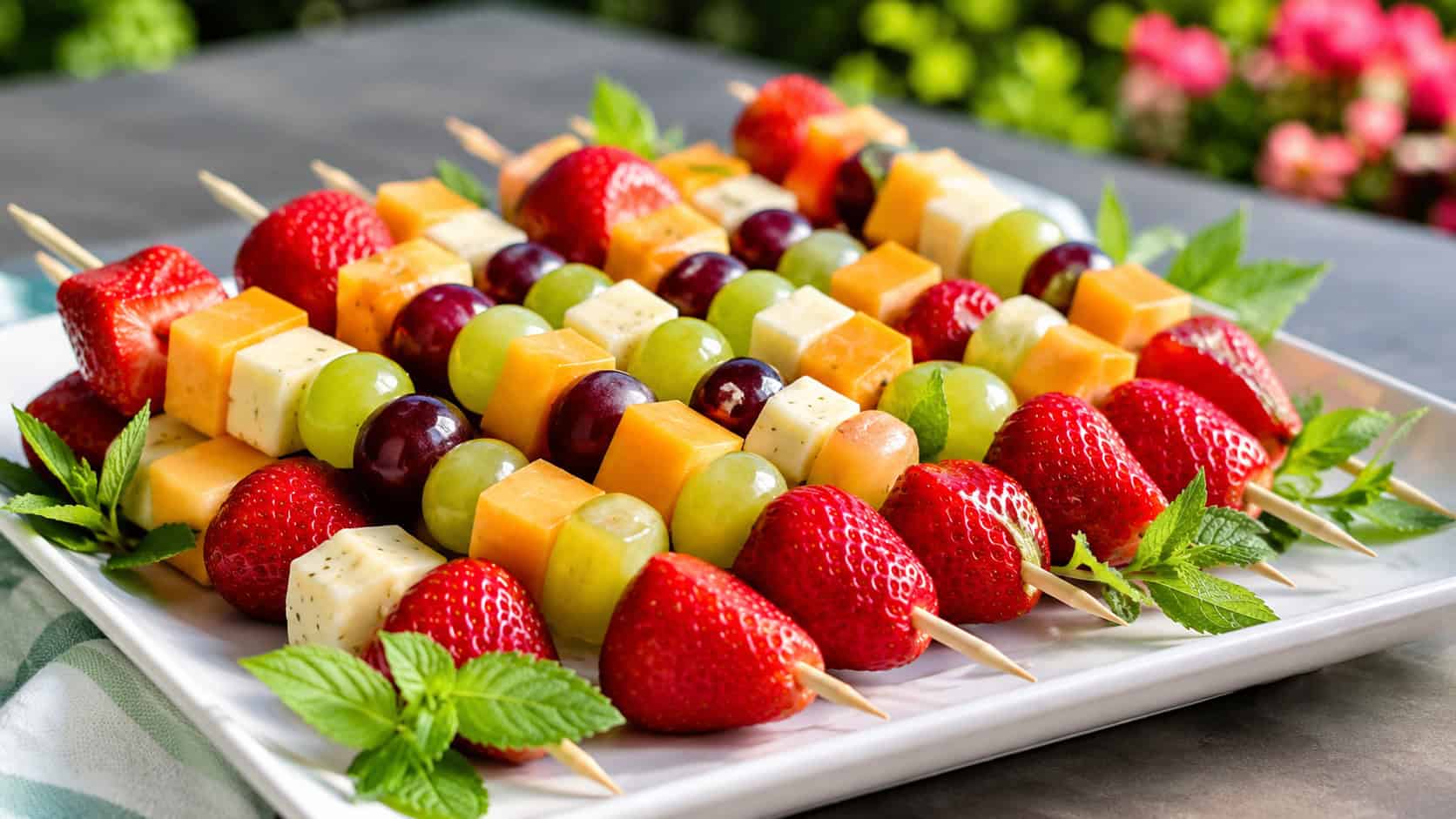 colorful fruit and cheese kabobs with grapes, strawberries, and cheese cubes in a wide horizontal shot, fanned across a white platter with mint, bright cheerful natural light, shallow depth of field, landscape orientation