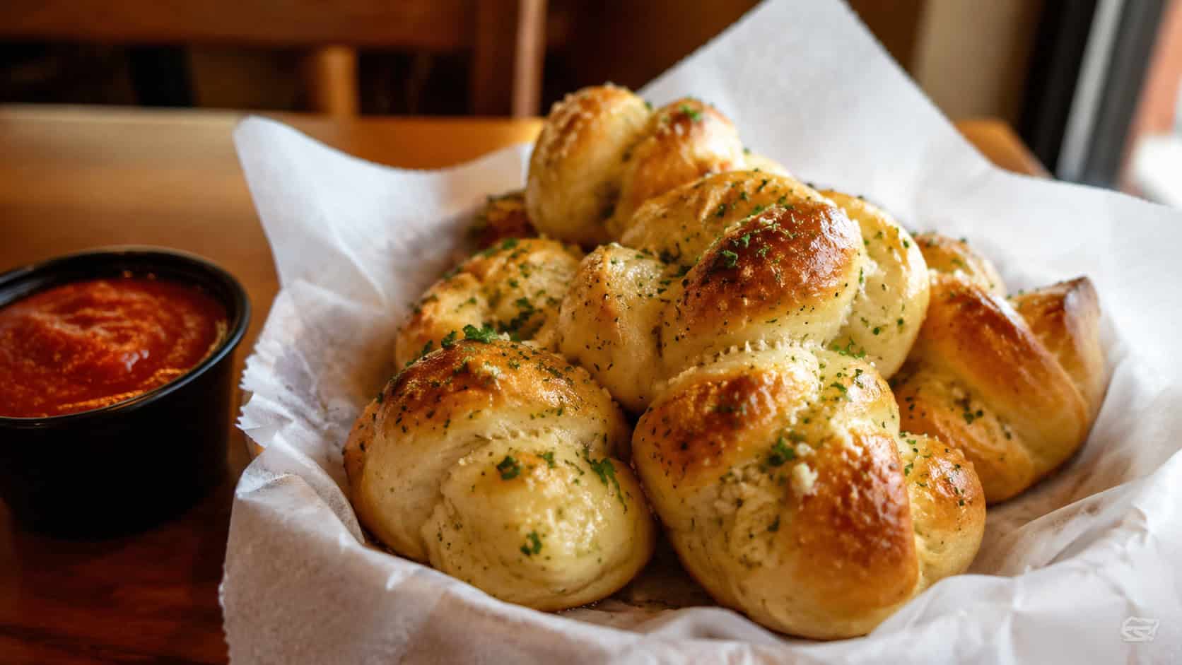 golden garlic knots glistening with butter and flecked with parsley in a wide horizontal shot, piled in a basket with a side of marinara, warm cozy natural light, shallow depth of field, landscape orientation