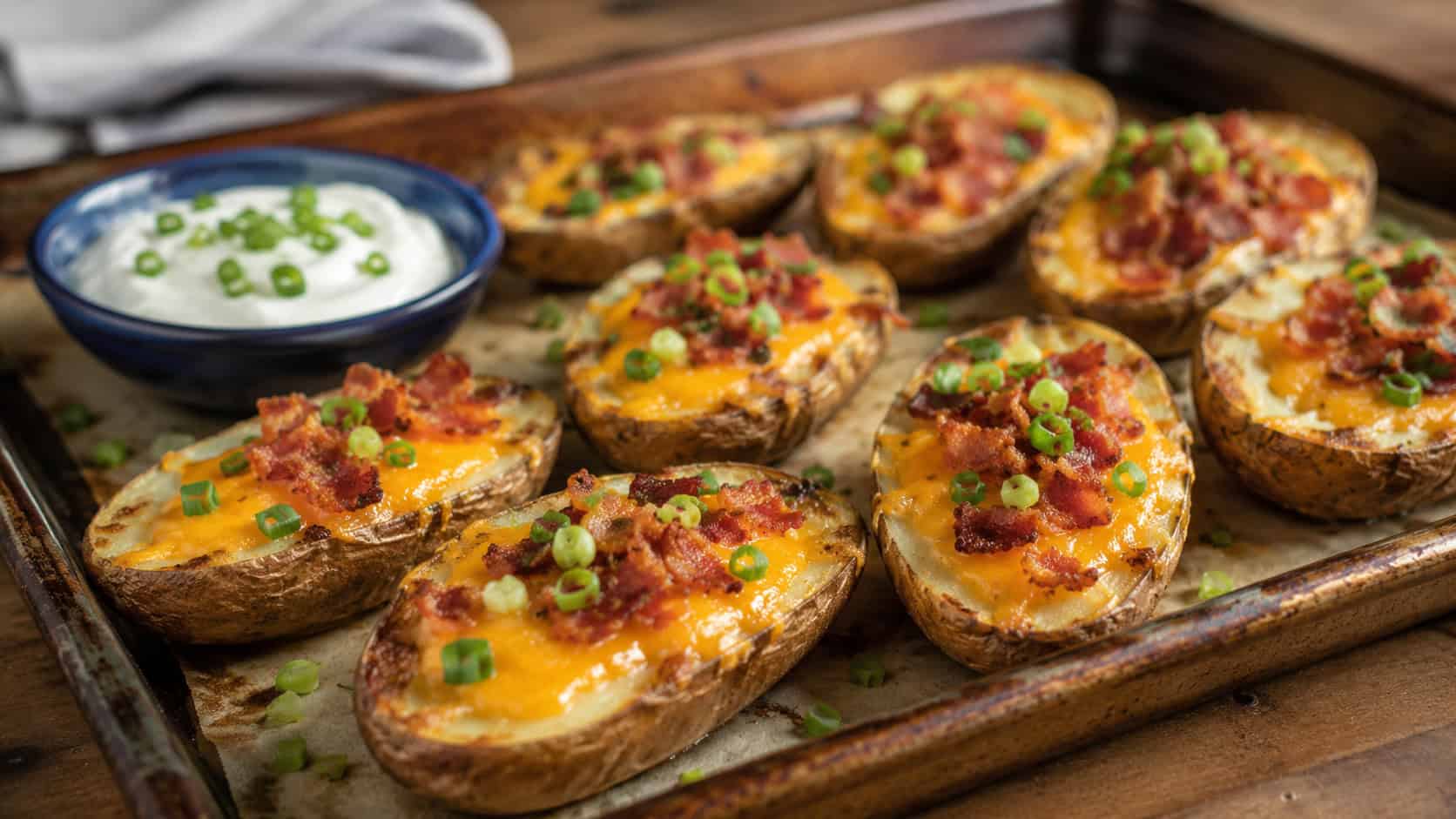 loaded potato skins with melted cheddar, bacon, and green onion in a wide horizontal shot, lined on a baking tray with a bowl of sour cream, warm natural light, shallow depth of field, landscape orientation