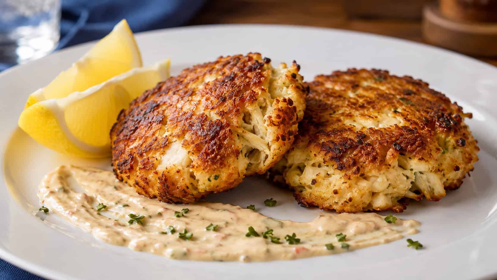 golden crab cakes with crispy edges in a wide horizontal shot, plated with lemon wedges and a swipe of remoulade on a white dish, bright natural light, shallow depth of field, landscape orientation