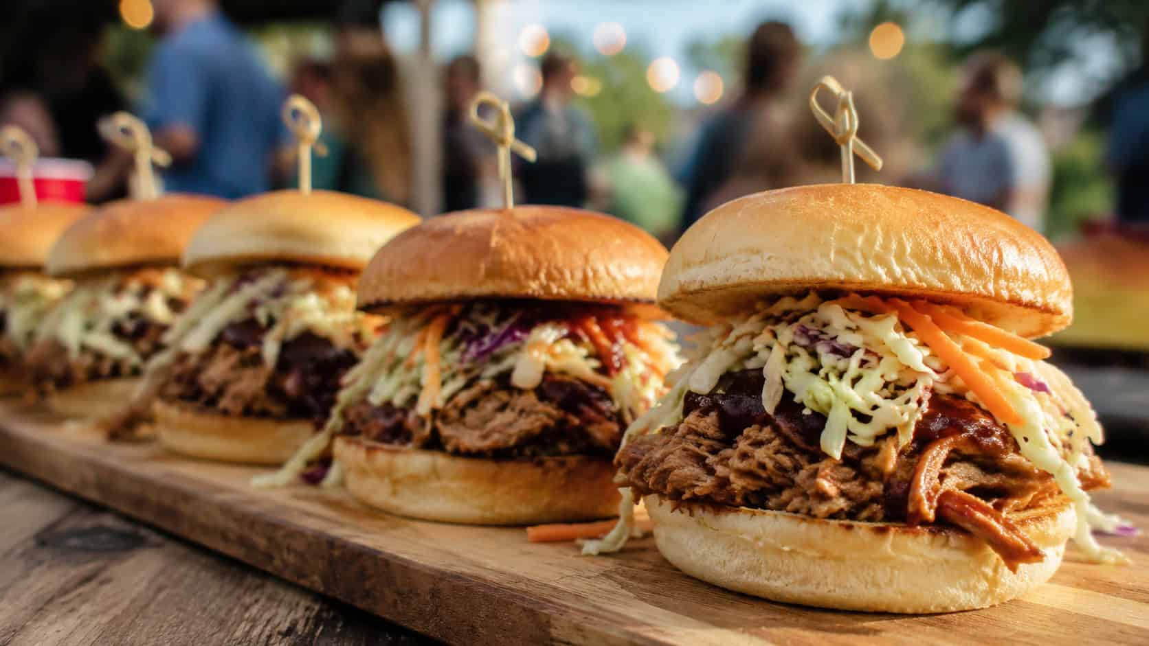 pulled pork sliders stacked with saucy pork and crunchy slaw in a wide horizontal shot, lined up on a wooden board at a party, warm natural light, shallow depth of field, landscape orientation