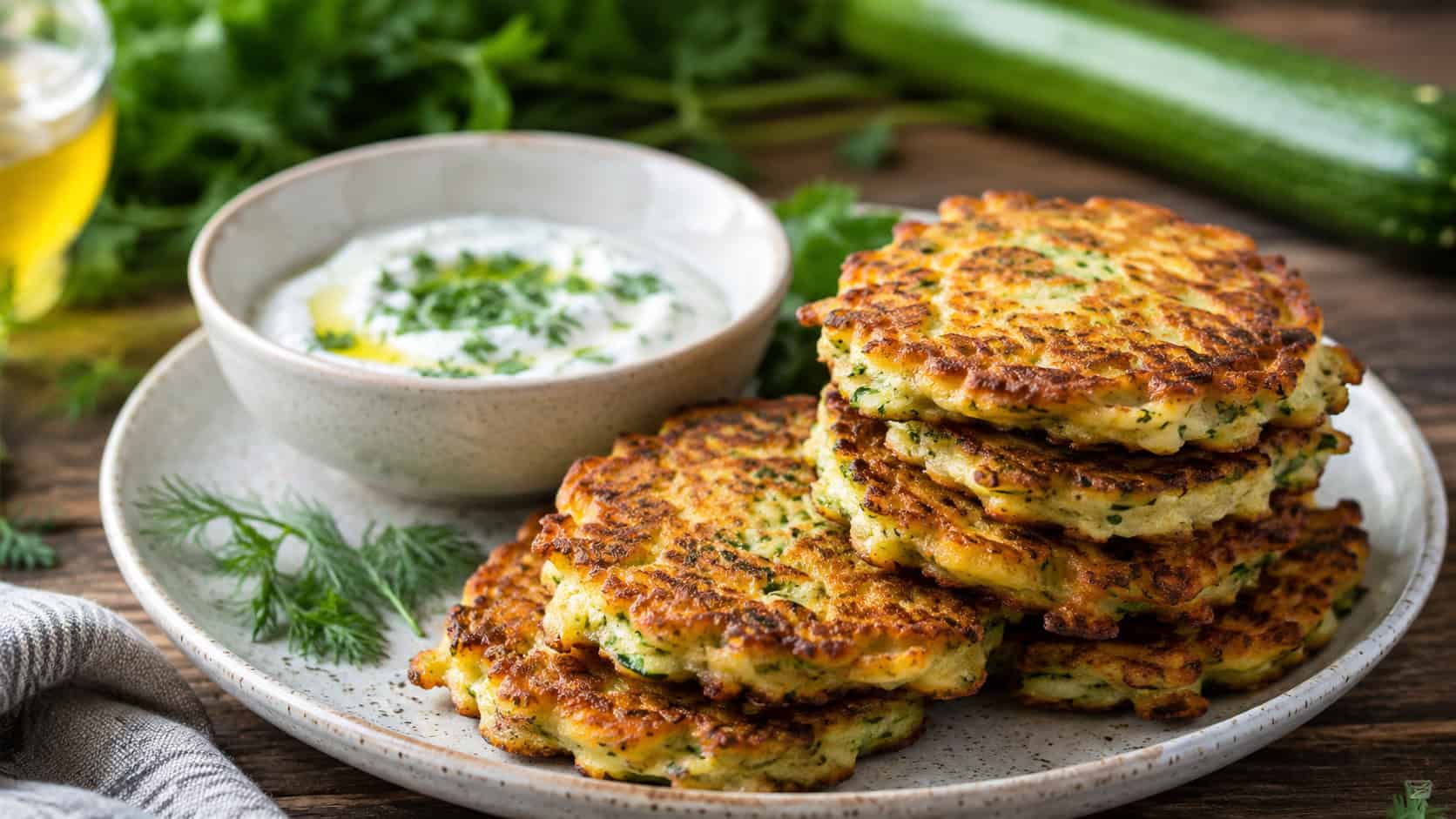 golden crispy zucchini fritters stacked on a plate in a wide horizontal shot, served with a bowl of creamy yogurt dip and herbs on a rustic table, warm natural light, shallow depth of field, landscape orientation