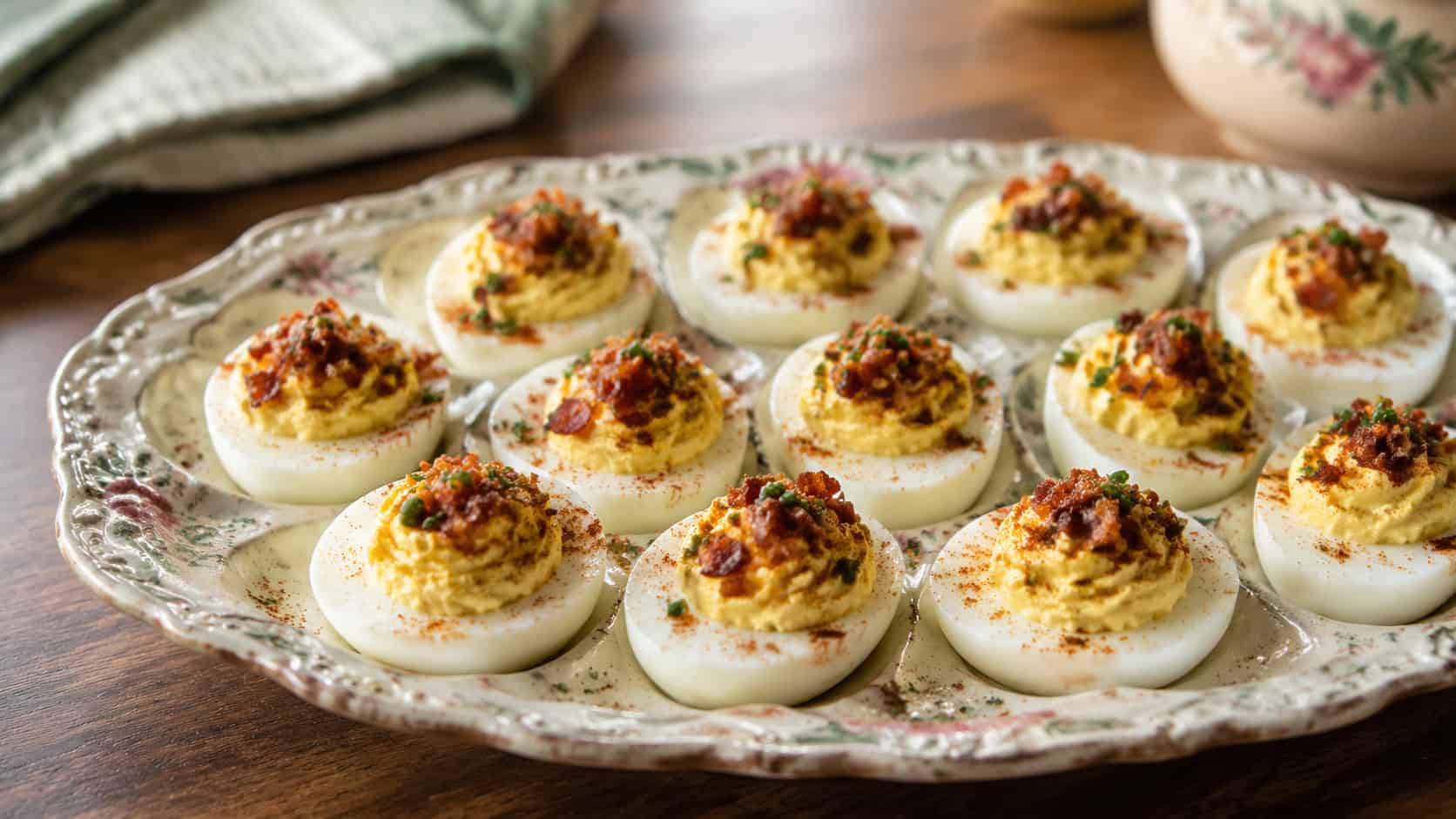 deviled eggs topped with crispy bacon crumbles and chives in a wide horizontal shot, arranged on a vintage egg platter dusted with paprika, soft natural light, shallow depth of field, landscape orientation