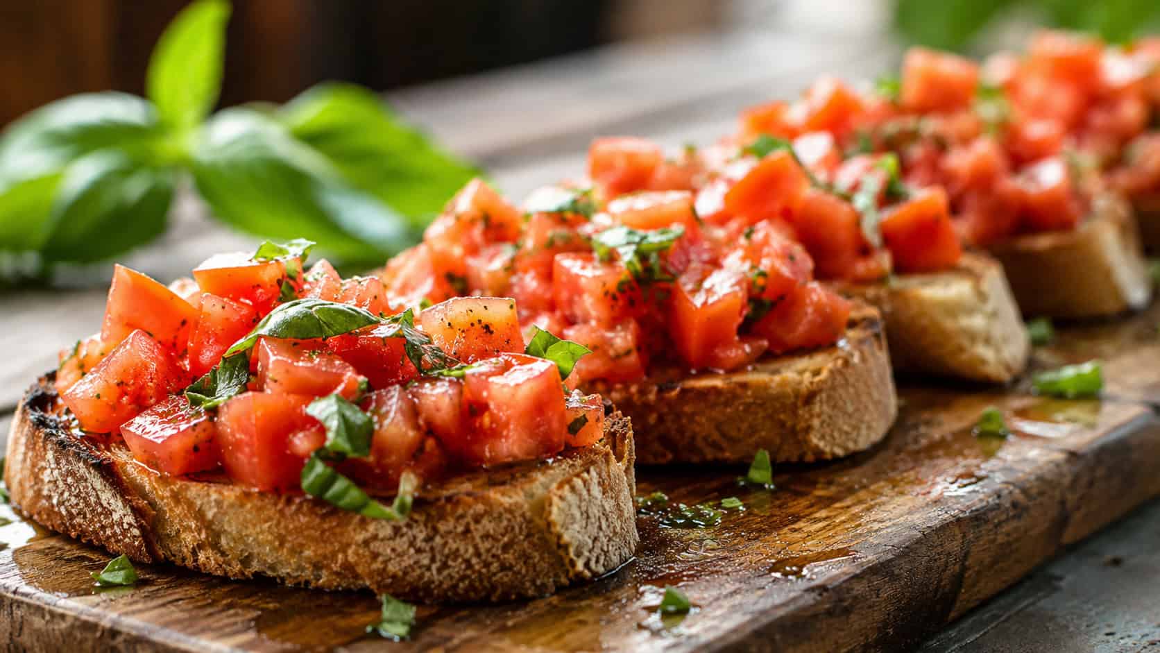 bruschetta toasts piled with diced red tomatoes and green basil in a wide horizontal shot, lined on a rustic wooden board with a drizzle of olive oil, warm natural light, shallow depth of field, landscape orientation