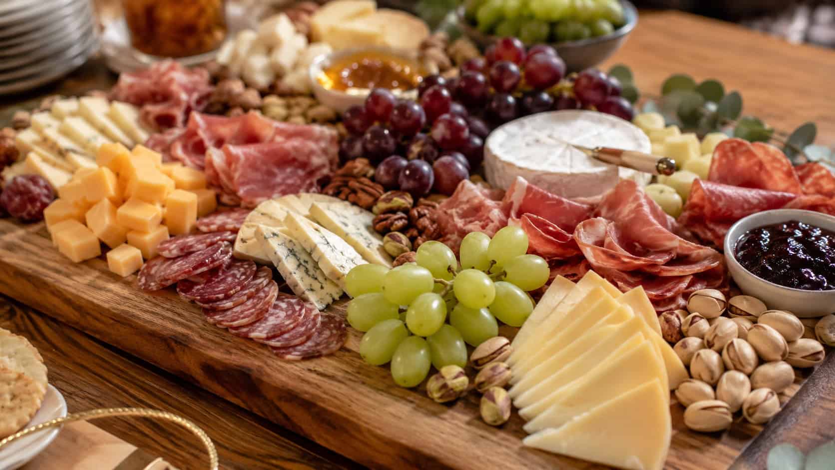 an abundant cheese and charcuterie board with folded meats, cheeses, grapes, and nuts in a wide horizontal shot, spread across a large wooden board on a party table, warm natural light, shallow depth of field, landscape orientation