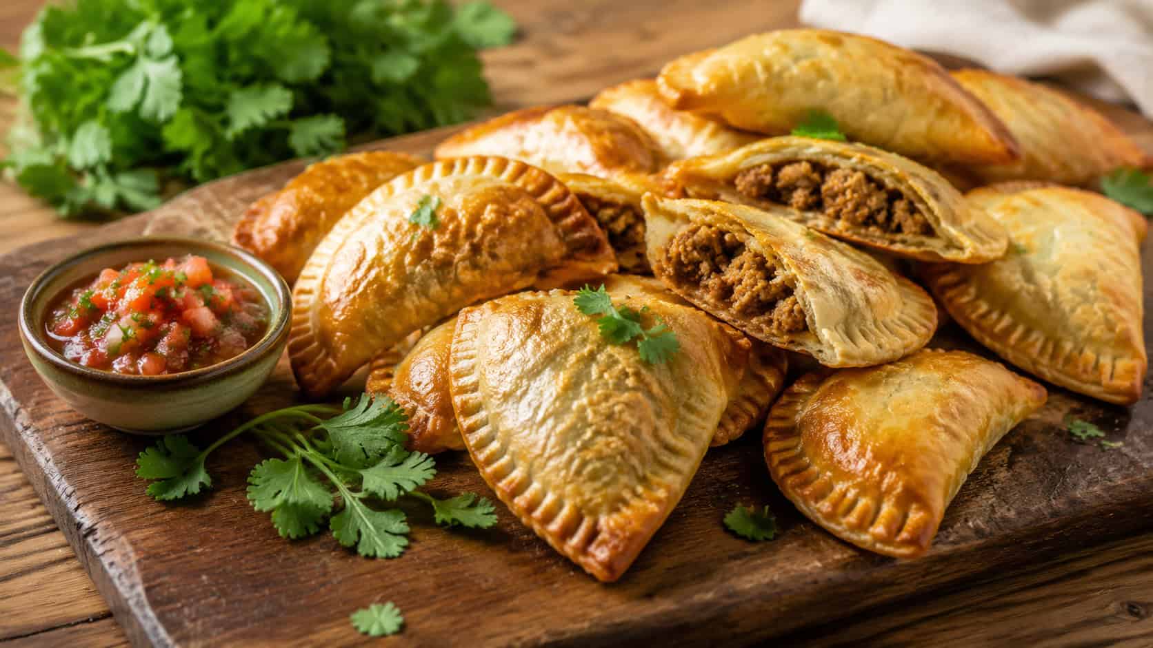 a platter of golden flaky beef empanadas in a wide horizontal shot, arranged on a rustic wooden board with a small bowl of salsa and fresh cilantro, natural light, shallow depth of field, landscape orientation